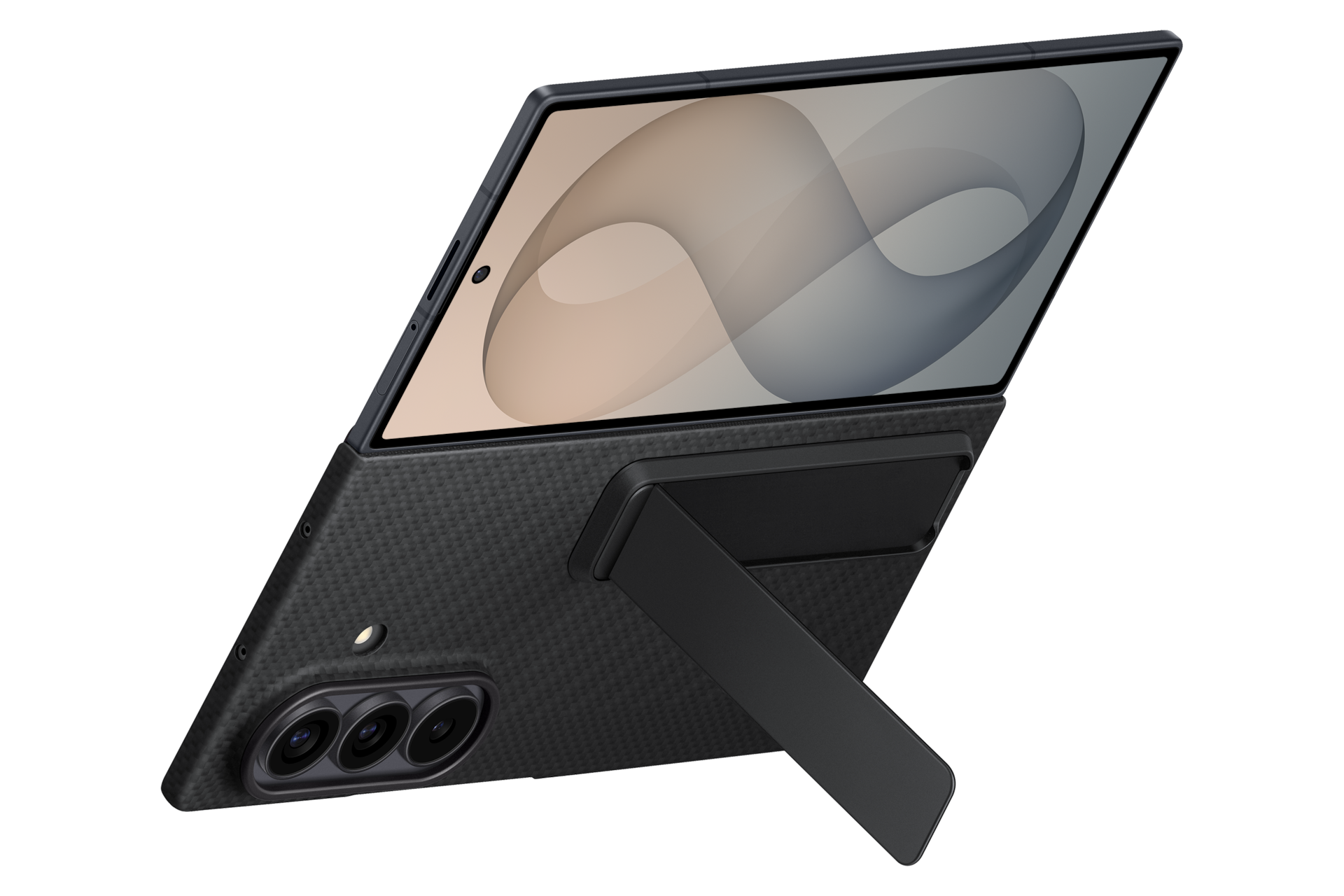 Un tablet nero in una custodia protettiva con supporto integrato mostra uno sfondo dello schermo astratto.