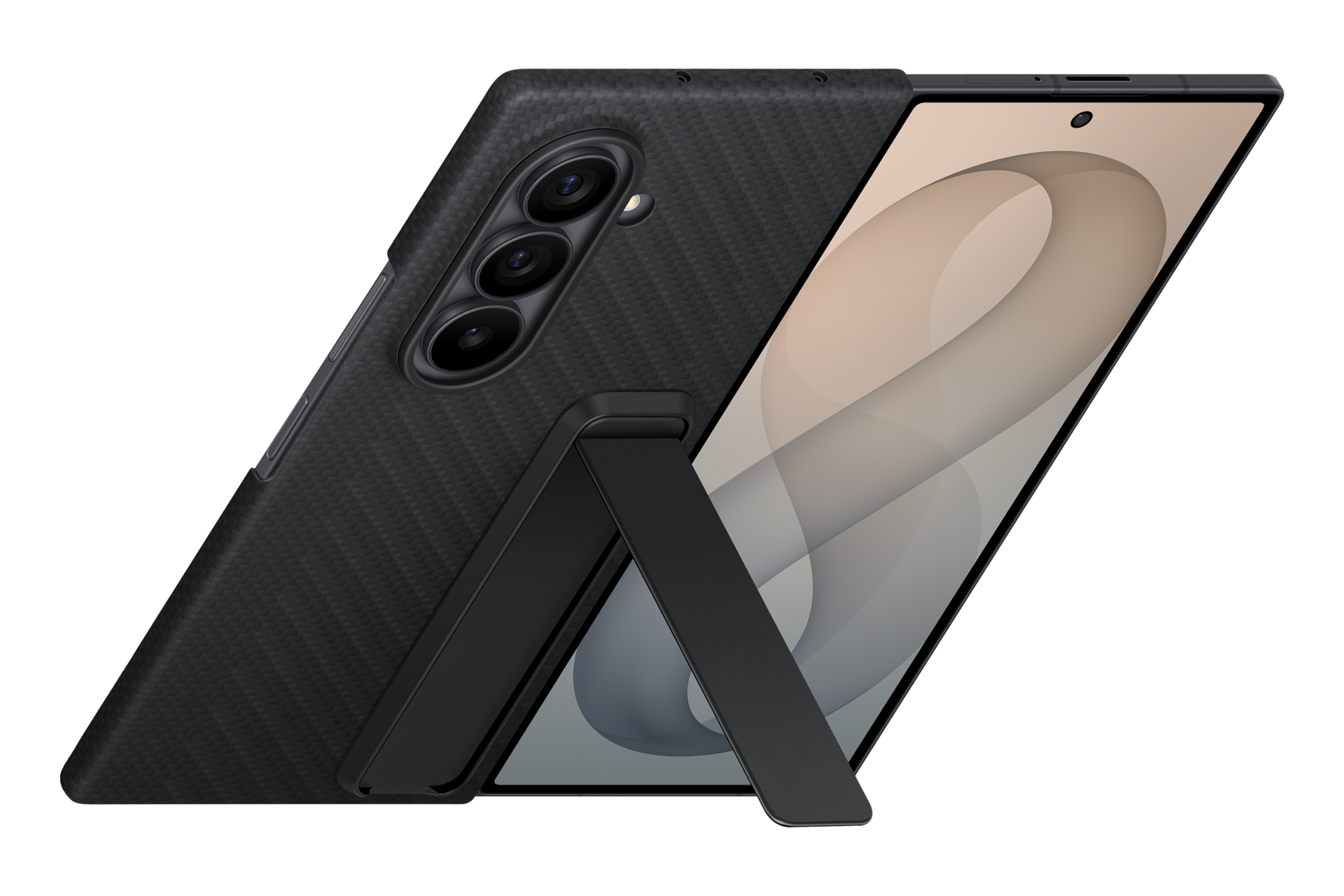 Uno smartphone nero con custodia in carbonio e supporto mostra lo schermo su sfondo nero.