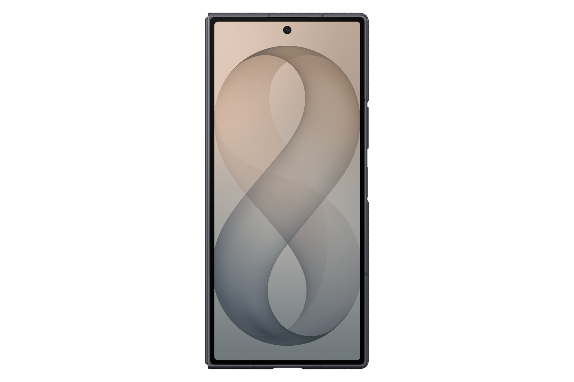 Uno smartphone con custodia scura mostra sullo schermo un motivo astratto ad anello nei toni del beige e del grigio.