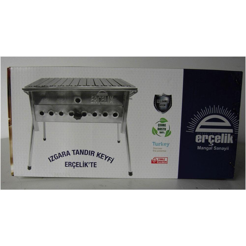 Paslanmaz çelik tasarımlı ve tanıtım metinli Ercelik Mangal Sanayii barbekü ürünü ambalajı.