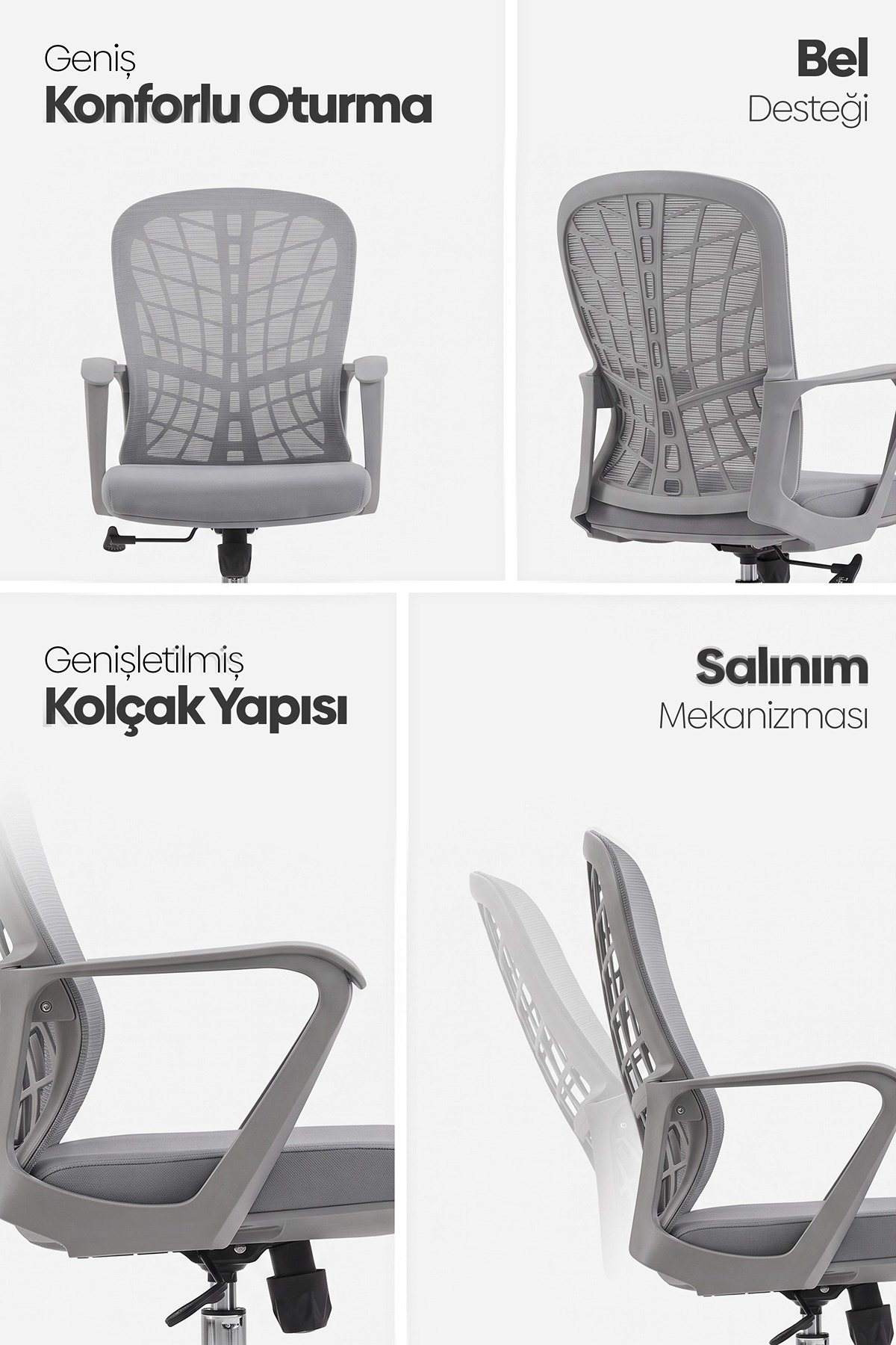 Dört panel, ergonomik gri bir ofis sandalyesinin özelliklerini gösteriyor: oturum, sırt desteği, kolçak ve salınım mekanizması.