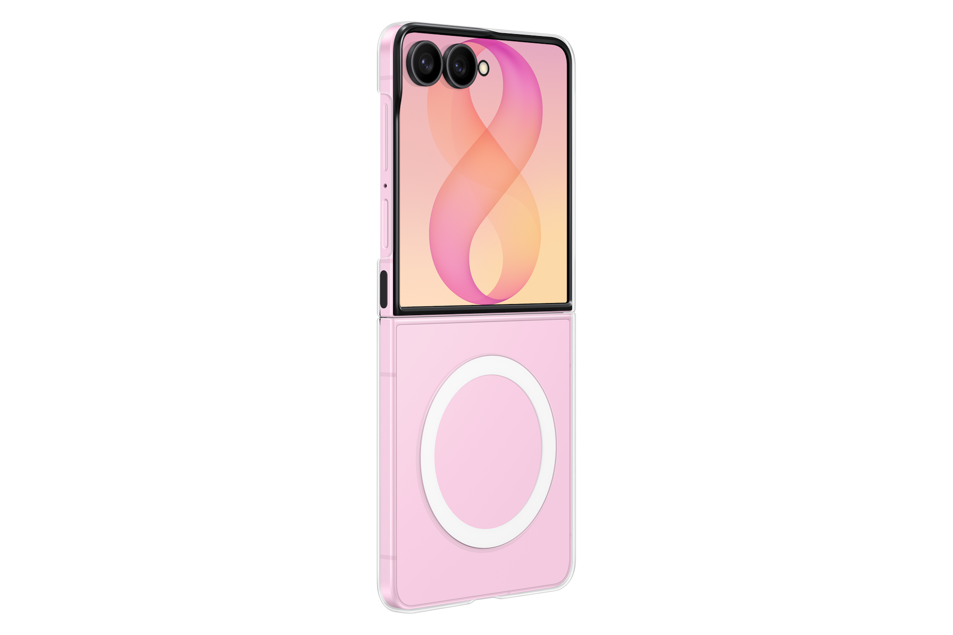 Uno smartphone pieghevole rosa con due fotocamere e un anello rotondo sul retro su sfondo nero.