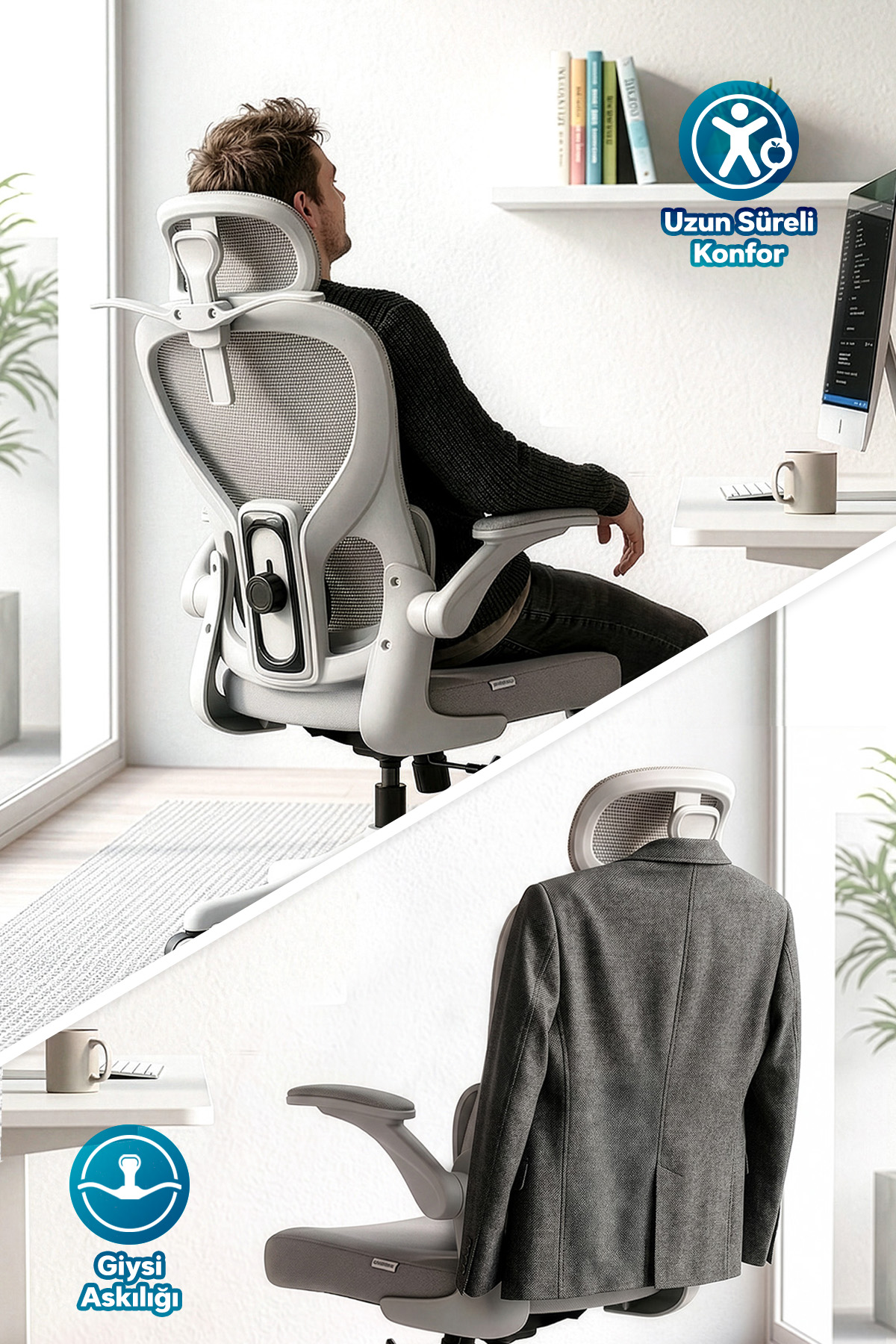Üzerinde oturan bir adam ve sırtlığına asılmış bir ceketle gösterilen beyaz ergonomik sandalye.