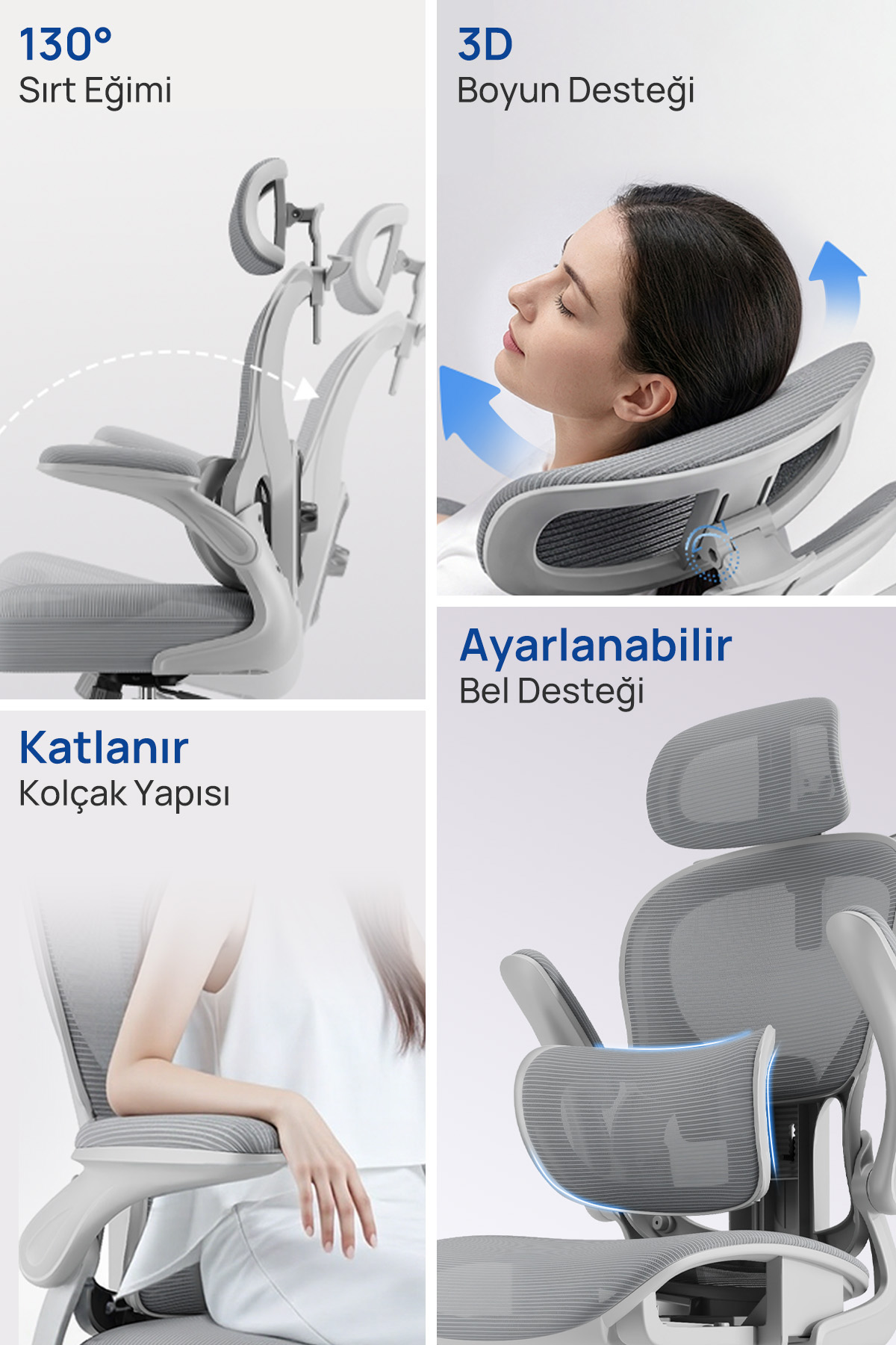 Ayarlanabilir boyun ve bel destegine sahip gri bir ofis sandalyesinin ergonomik ozelliklerini gosteren dort gorsel.