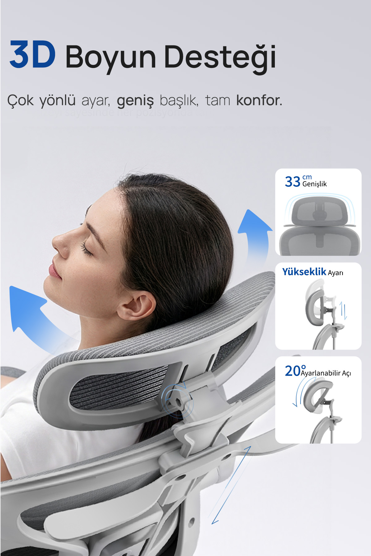 Bir kadın, ayar özelliklerini gösteren şemalarla bir sandalyenin 3D boyun desteğine başını yaslıyor.