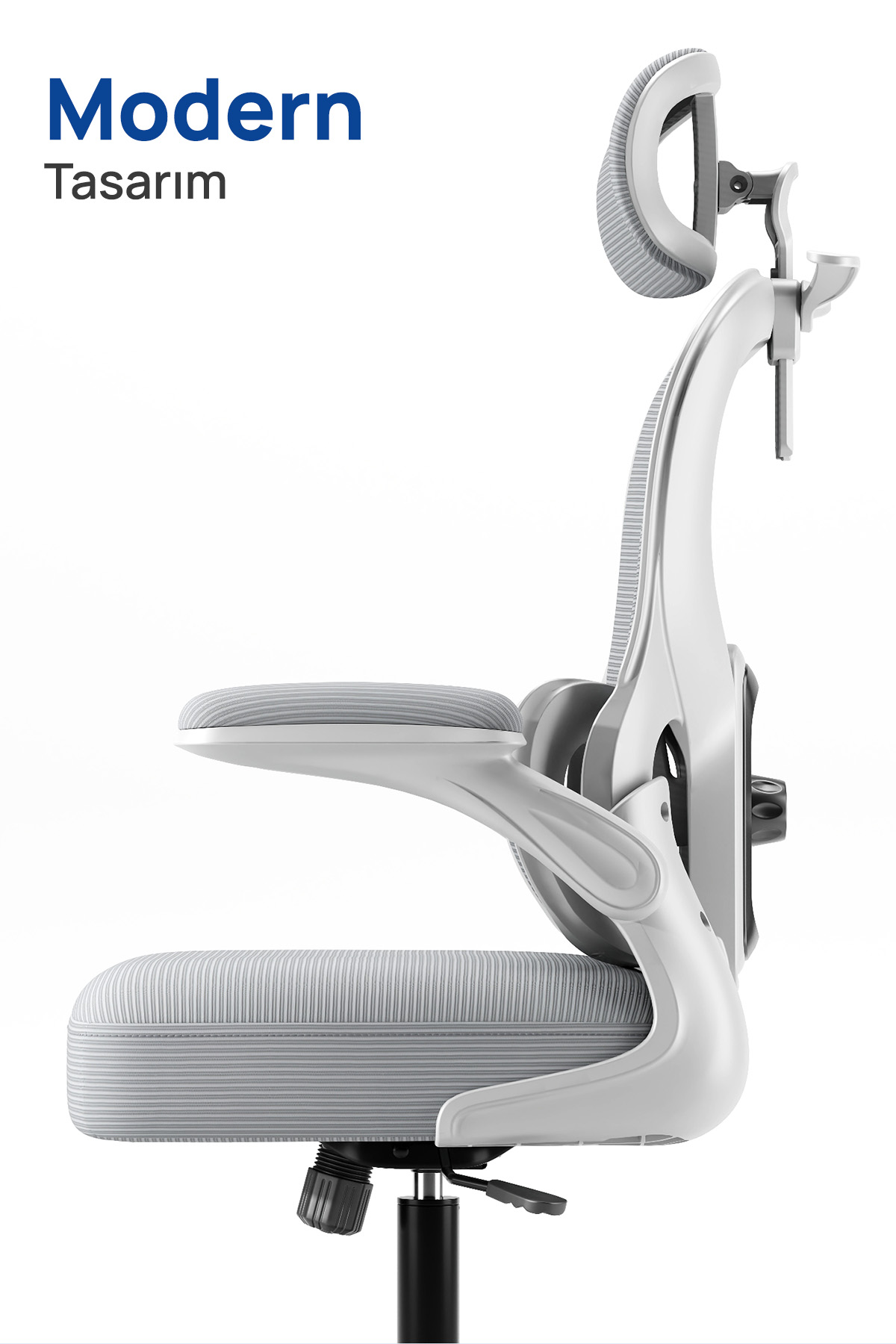 Kumaş döşemeli ve ayarlanabilir baş destekli modern beyaz ergonomik ofis koltuğu.