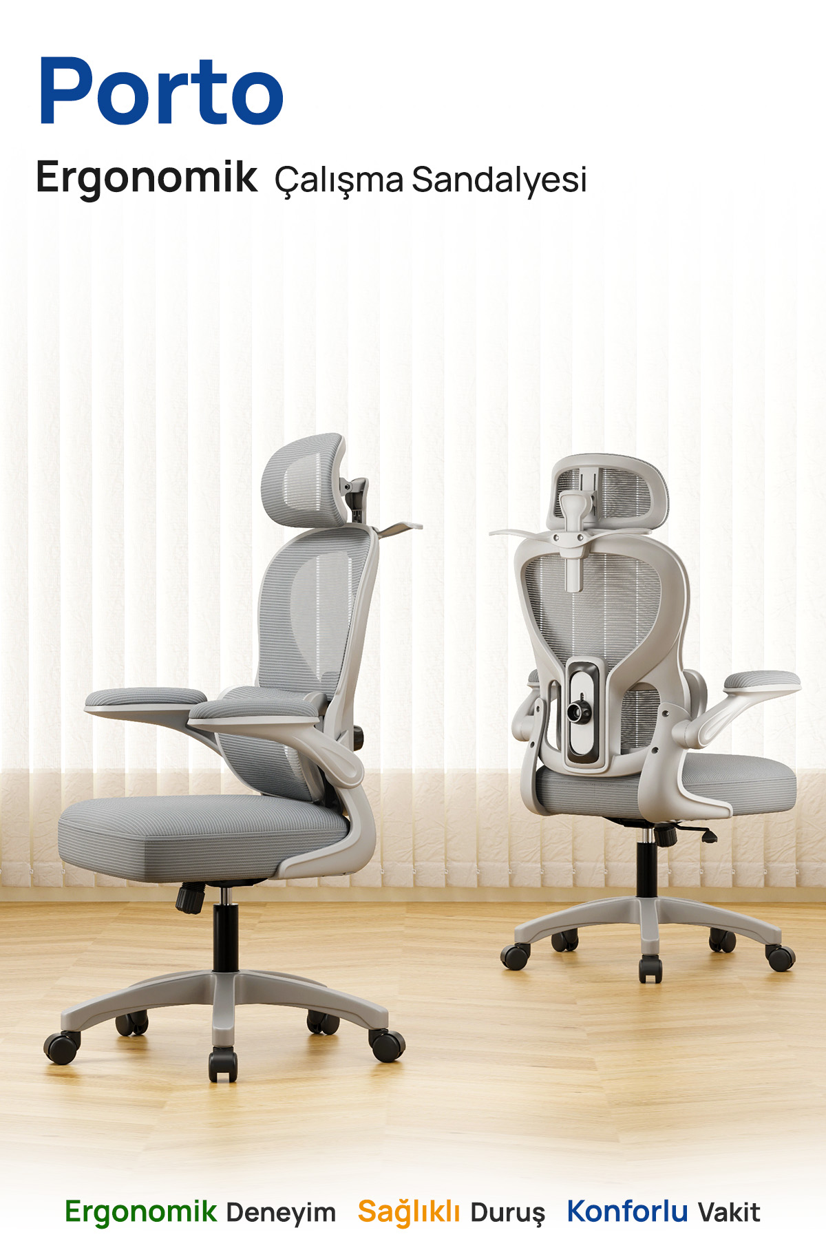 Ahşap zeminde iki gri ergonomik ofis koltuğu, yan ve arka açıdan, Porto markasıyla.