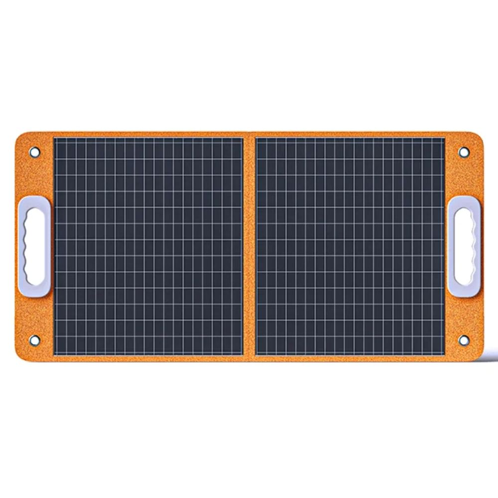 Un panel solar naranja plegable con dos paneles de cuadrícula y dos asas blancas sobre un fondo blanco.