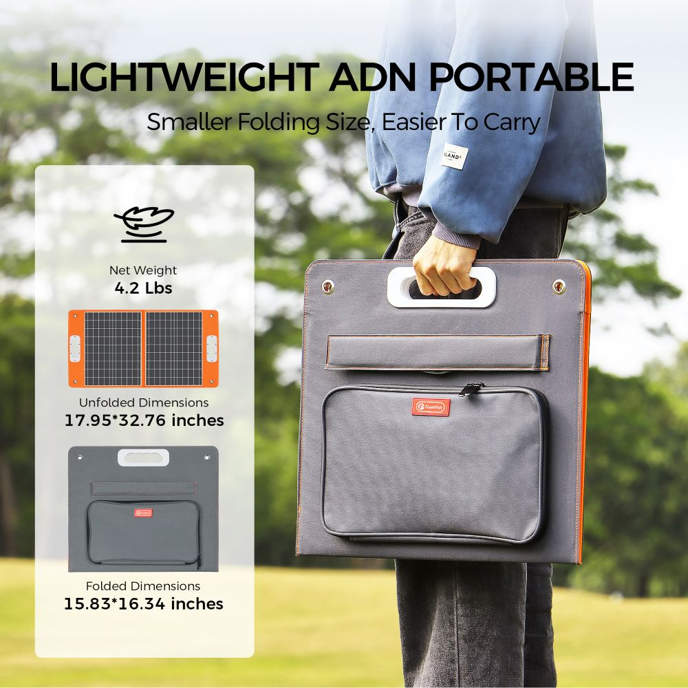 Una persona sostiene una bolsa solar portátil al aire libre, con texto e infografías que muestran detalles.