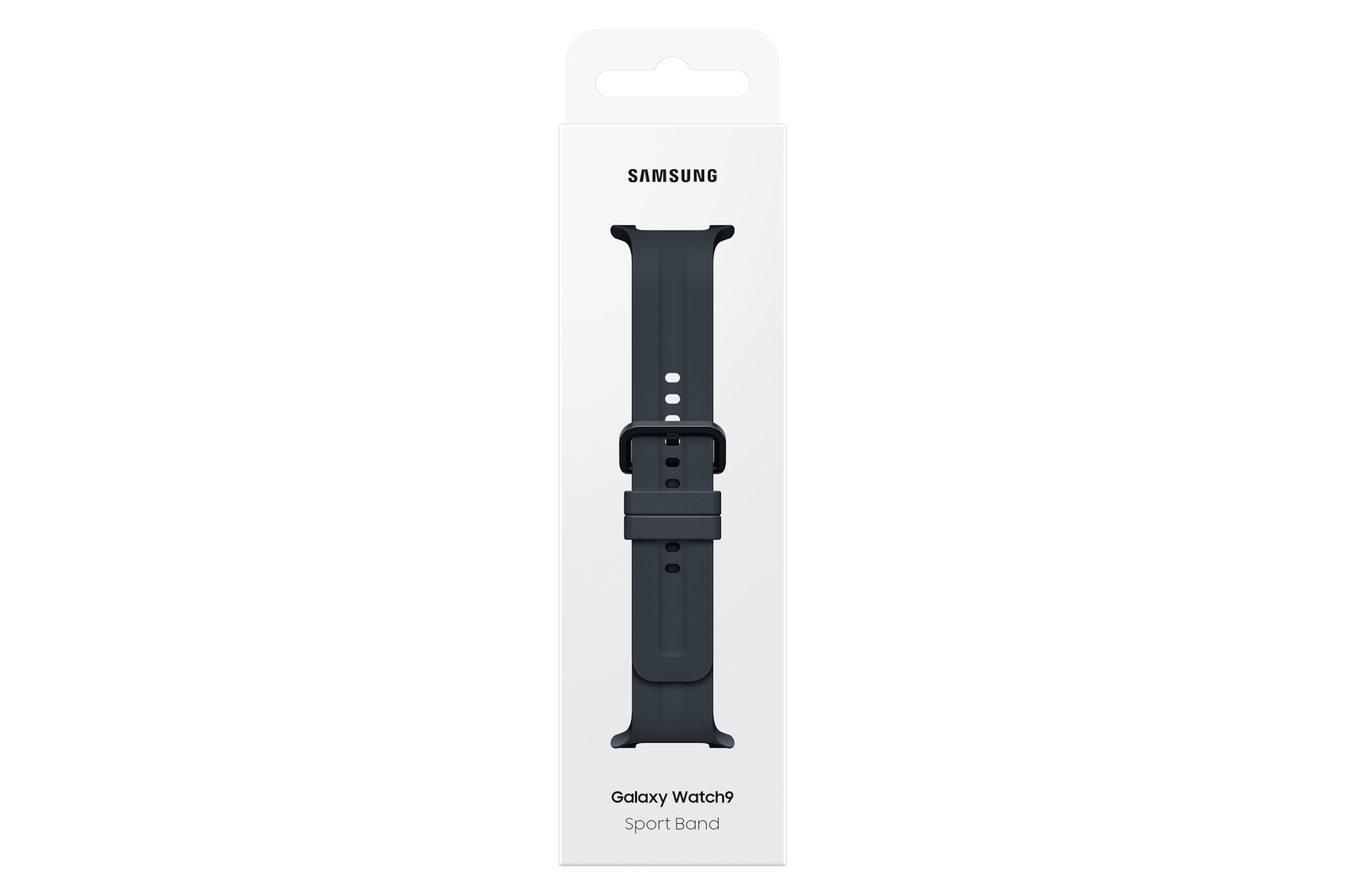 Una confezione bianca Samsung Galaxy Watch9 Sport Band con un cinturino sportivo nero all'interno, su sfondo nero.