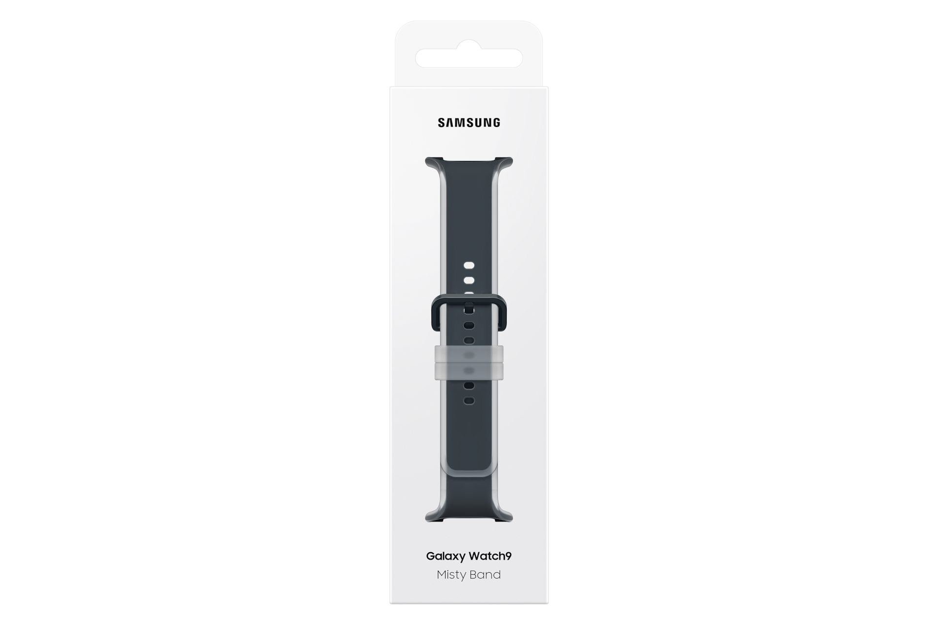 Una confezione bianca di Samsung Galaxy Watch9 Misty Band mostra il cinturino grigio.