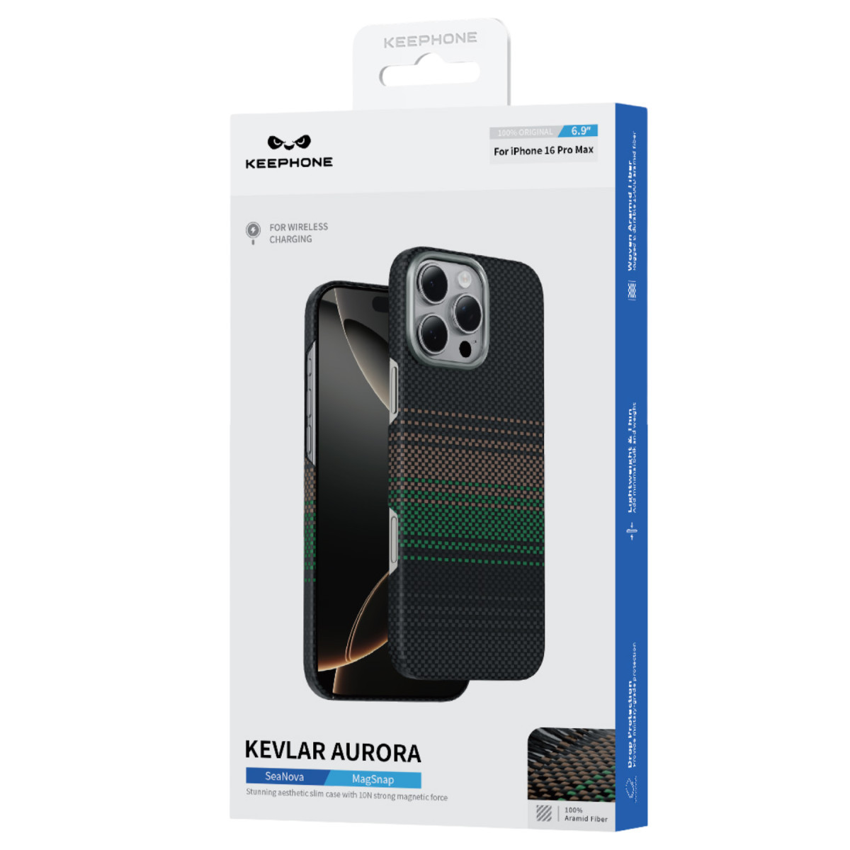 Renkli şeritlere sahip iPhone 16 Pro Max için ambalajında Keephone Kevlar Aurora telefon kılıfı.