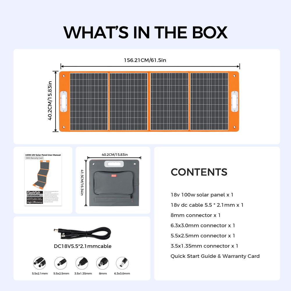 Contenido de un kit de panel solar de 100W con cables, conectores y manual.