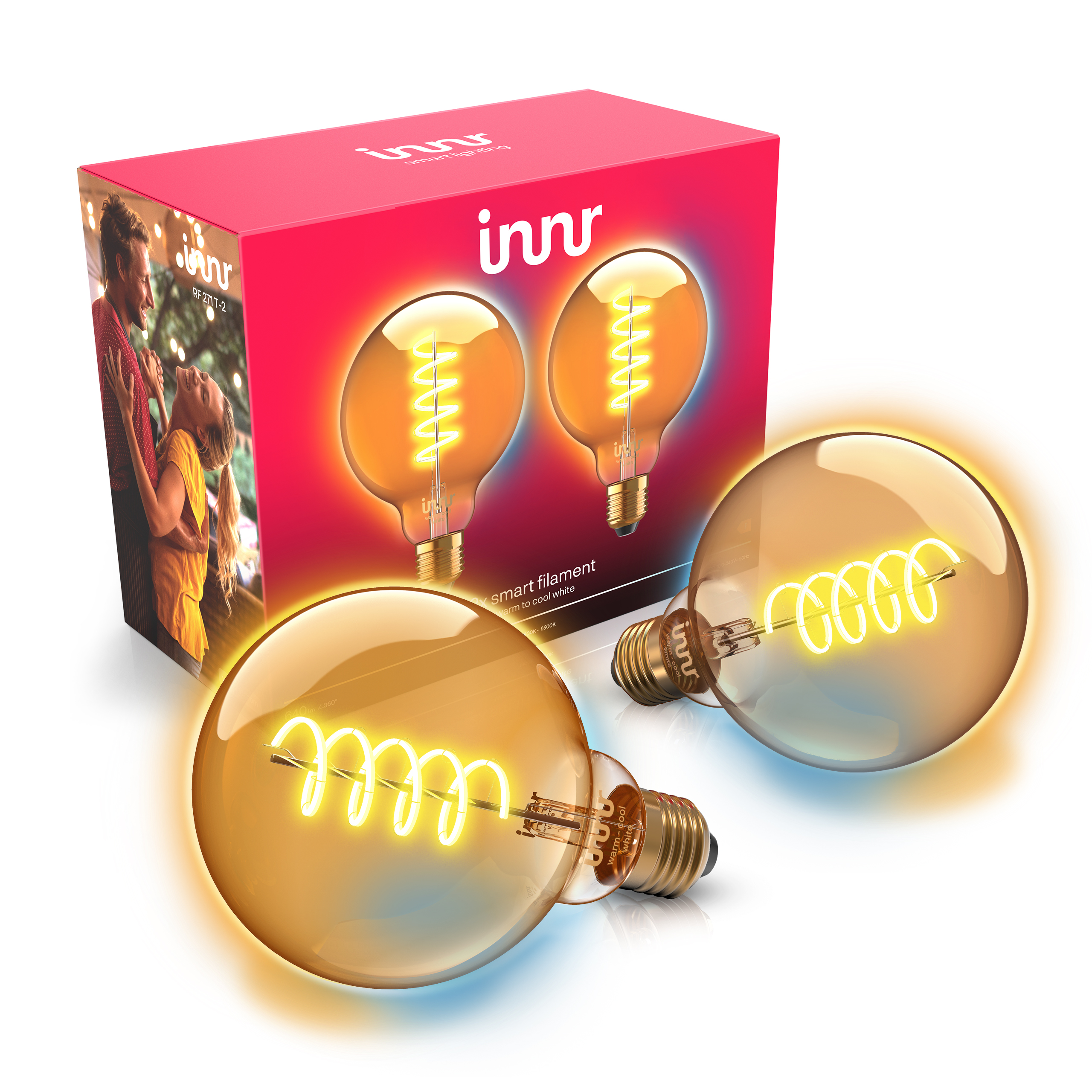 Zwei runde LED-Glühbirnen mit spiralförmigem Filament vor ihrer rosa Verpackung.