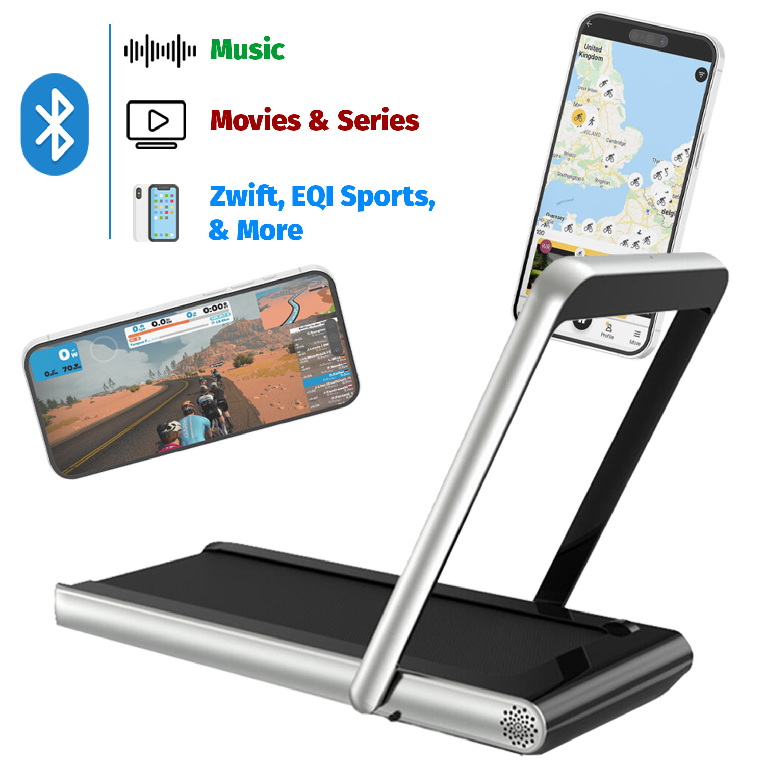 Cinta de correr compacta con dos smartphones mostrando un mapa y una app de fitness, junto a iconos de Bluetooth.