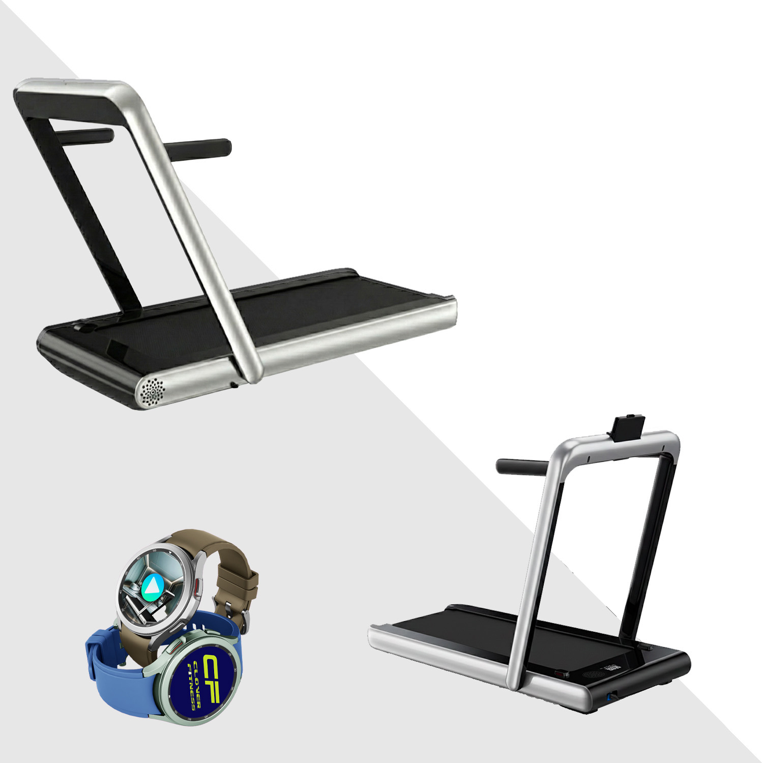 Dos cintas de correr modernas y dos relojes inteligentes de fitness sobre un fondo gris claro.