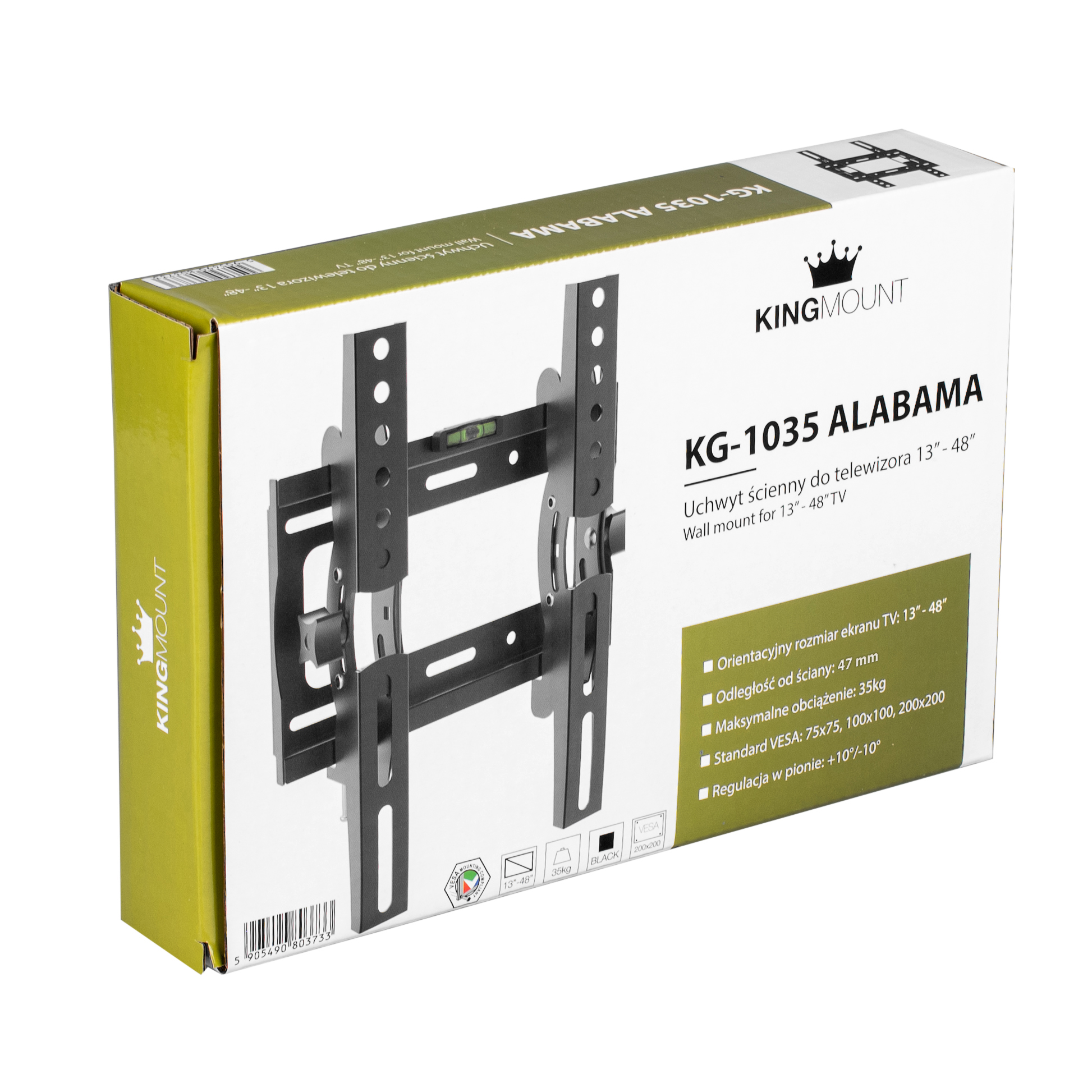 Opakowanie uchwytu ściennego do telewizora Kingmount KG-1035 Alabama z informacjami i zdjęciem.