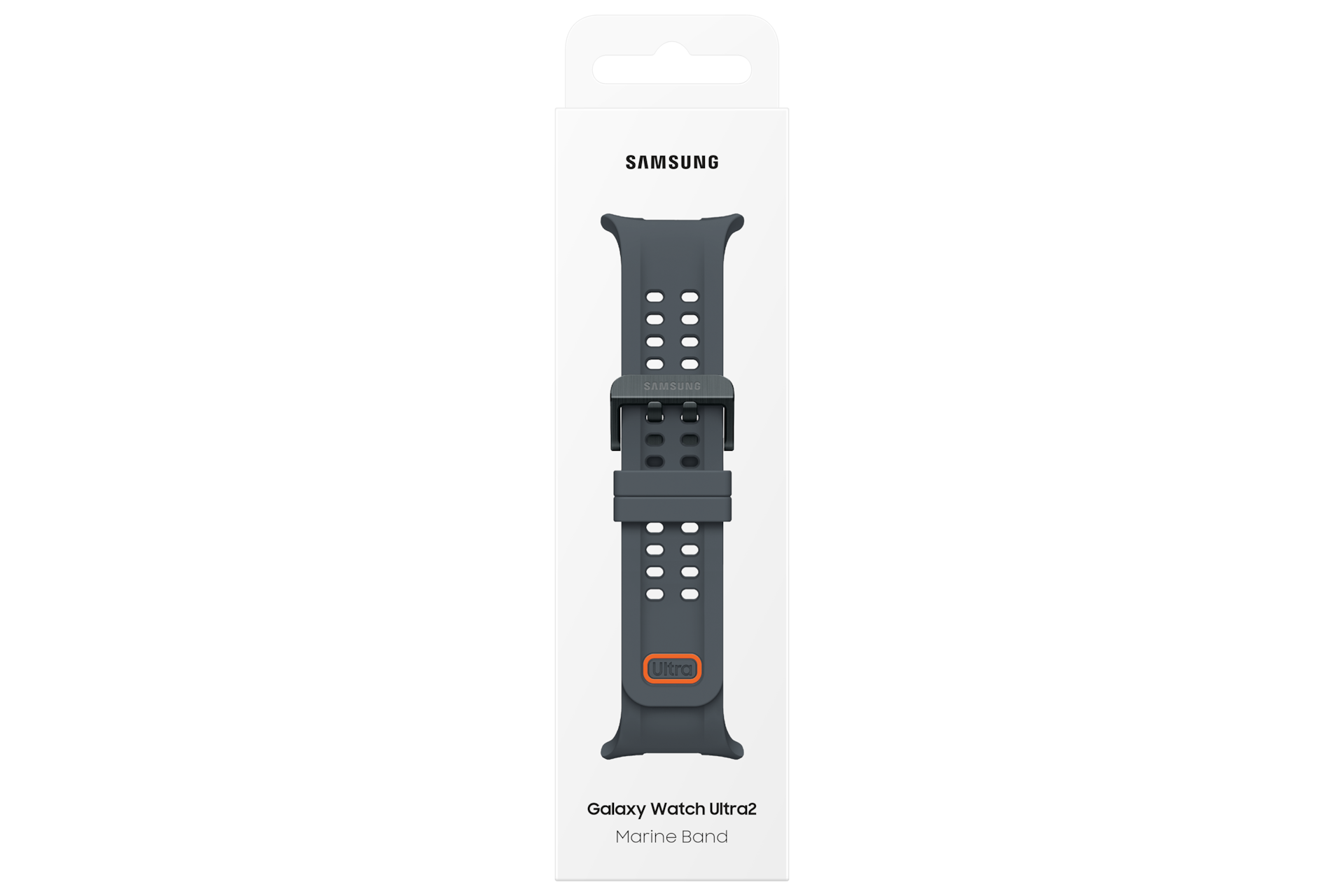 Un cinturino grigio Samsung Galaxy Watch Ultra2 Marine Band è mostrato nella sua scatola bianca.