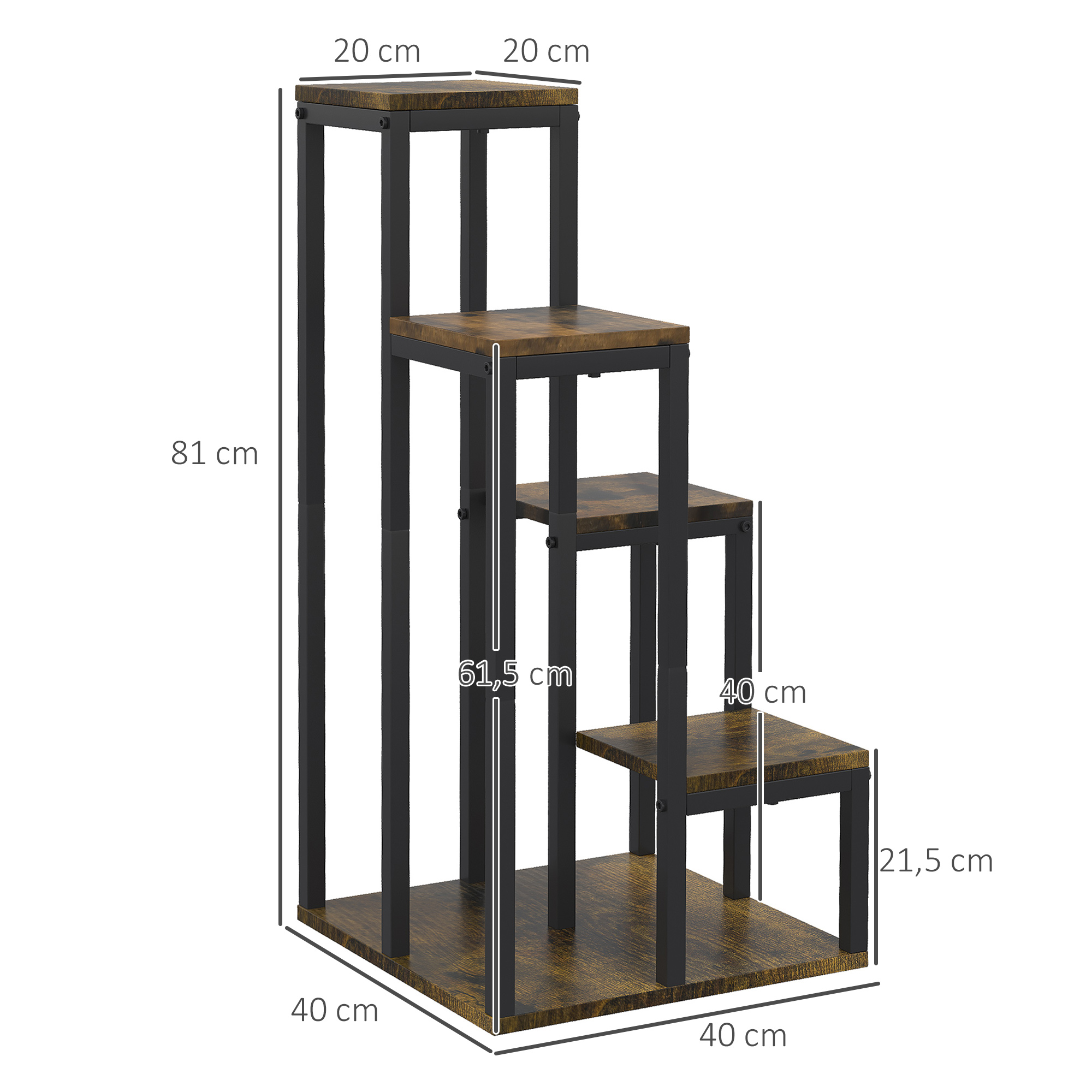 Un soporte para plantas escalonado con marco de metal negro y estantes de madera marrón rústica, con dimensiones.