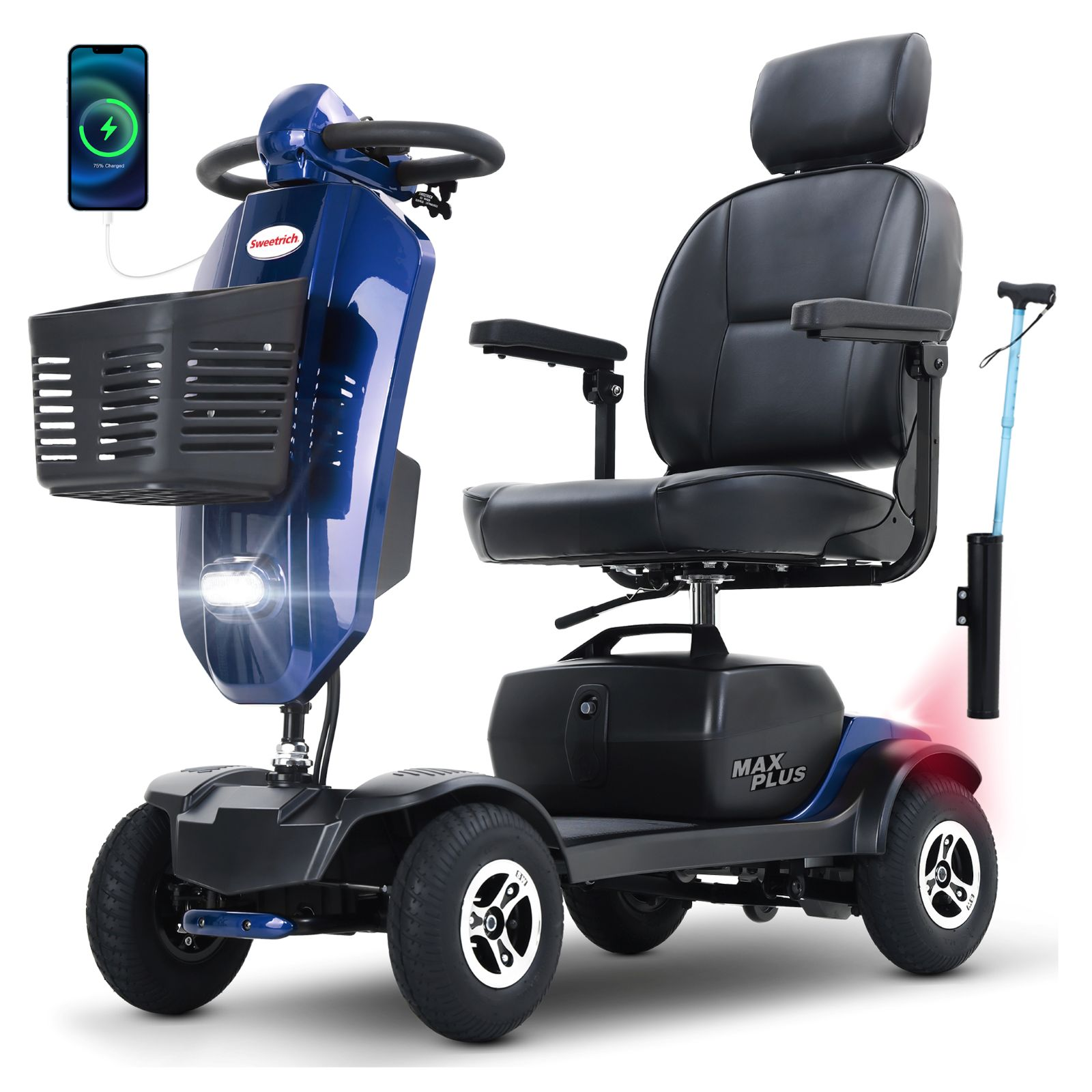 Un monopatín de movilidad azul de cuatro ruedas con asiento negro, cesta y indicador de carga.