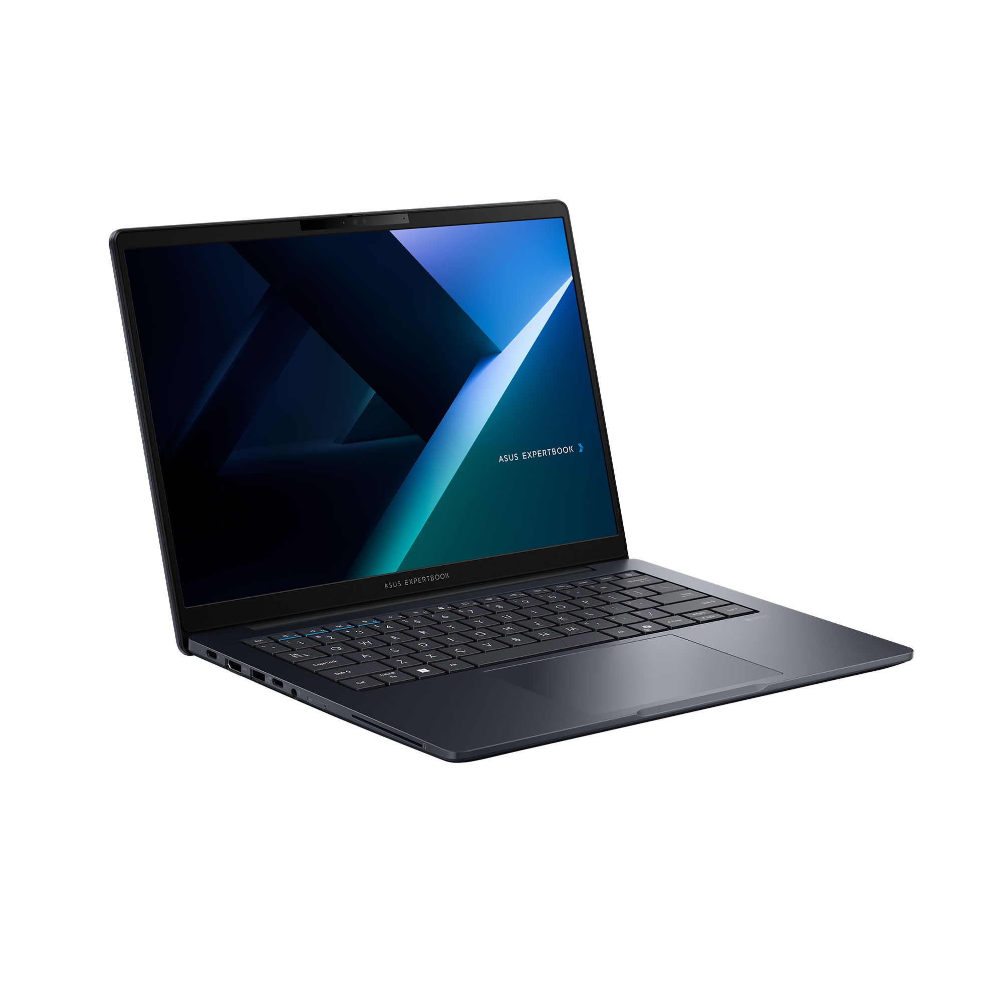 Un ordenador portátil Asus ExpertBook oscuro está abierto sobre una superficie blanca con pantalla azul.