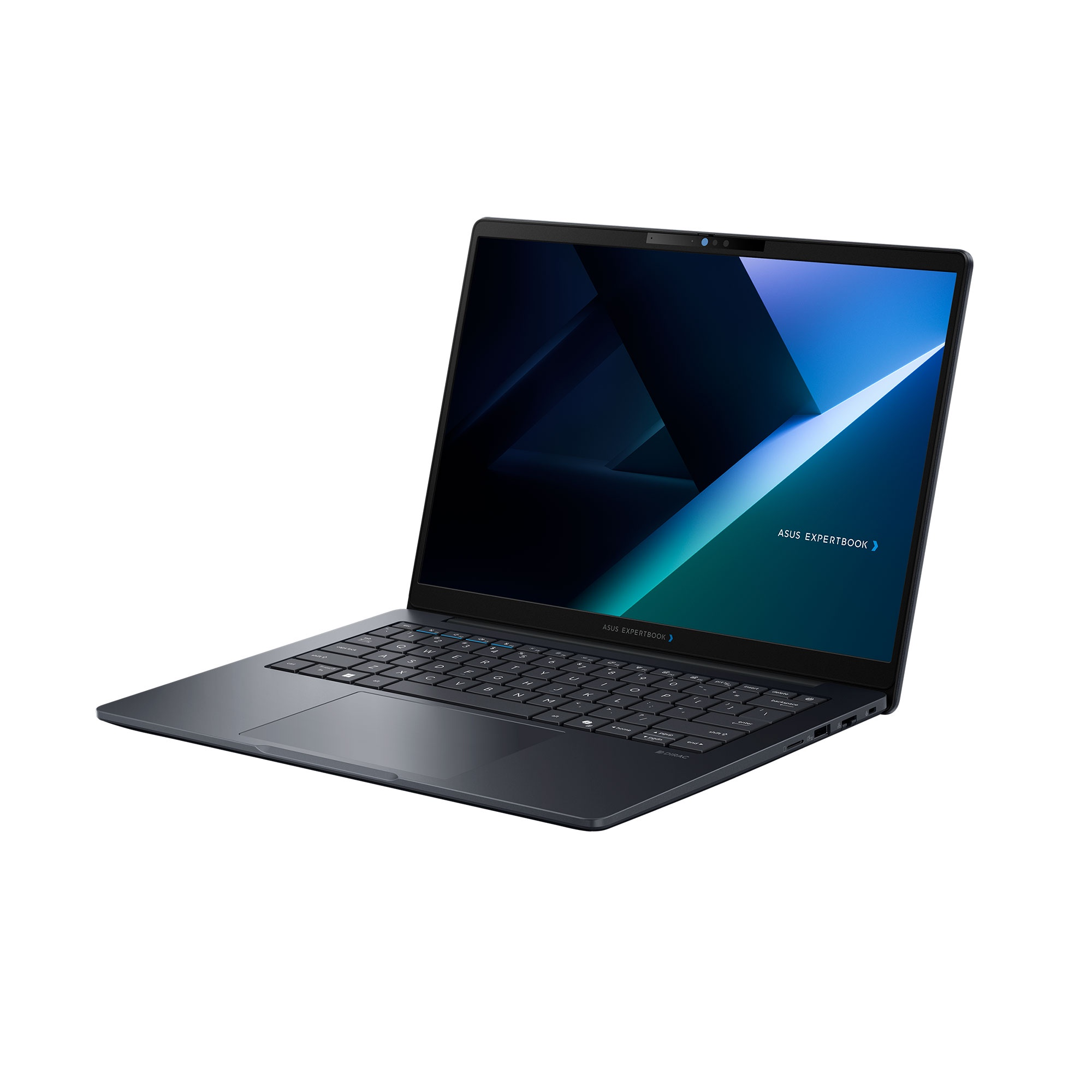 Un portátil Asus ExpertBook gris oscuro está abierto sobre fondo blanco, mostrando un fondo de pantalla azul.