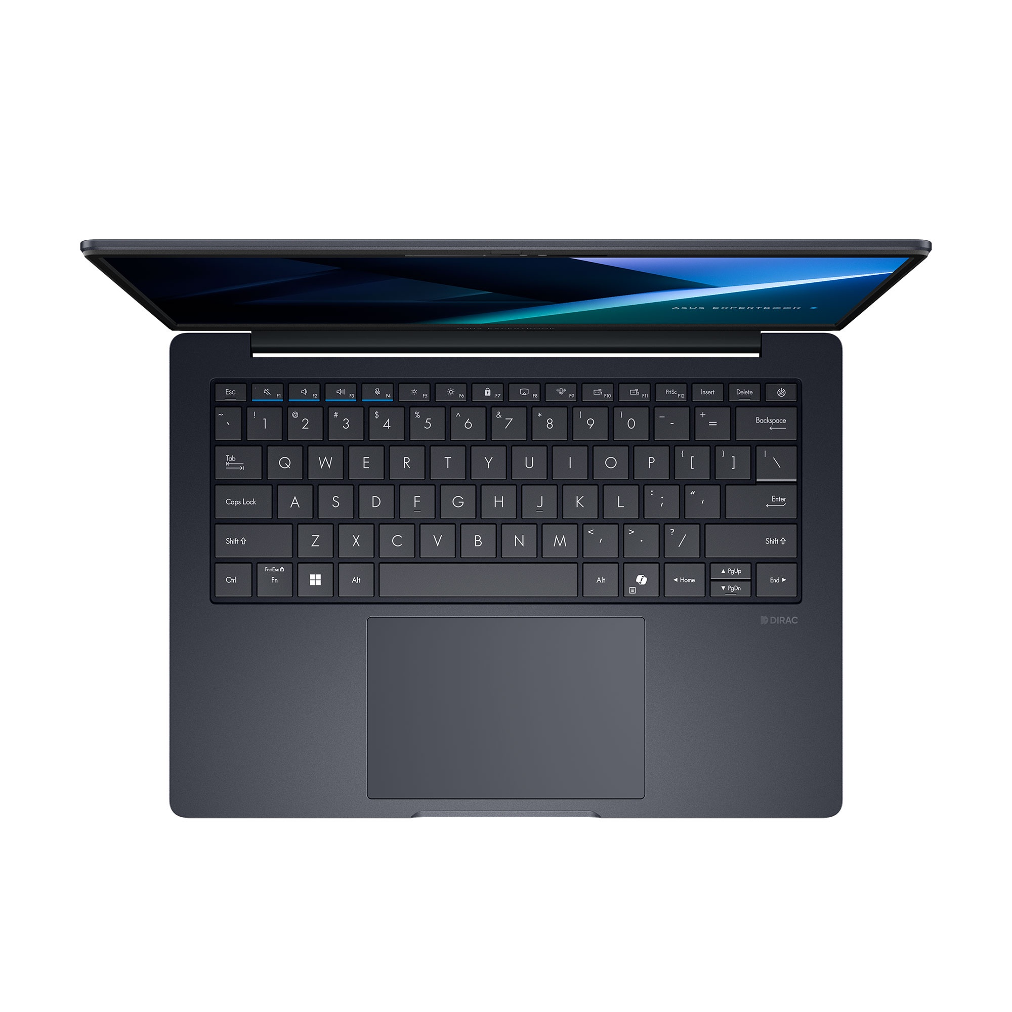 Vista superior de un ordenador portátil oscuro con teclado negro y pantalla abierta.