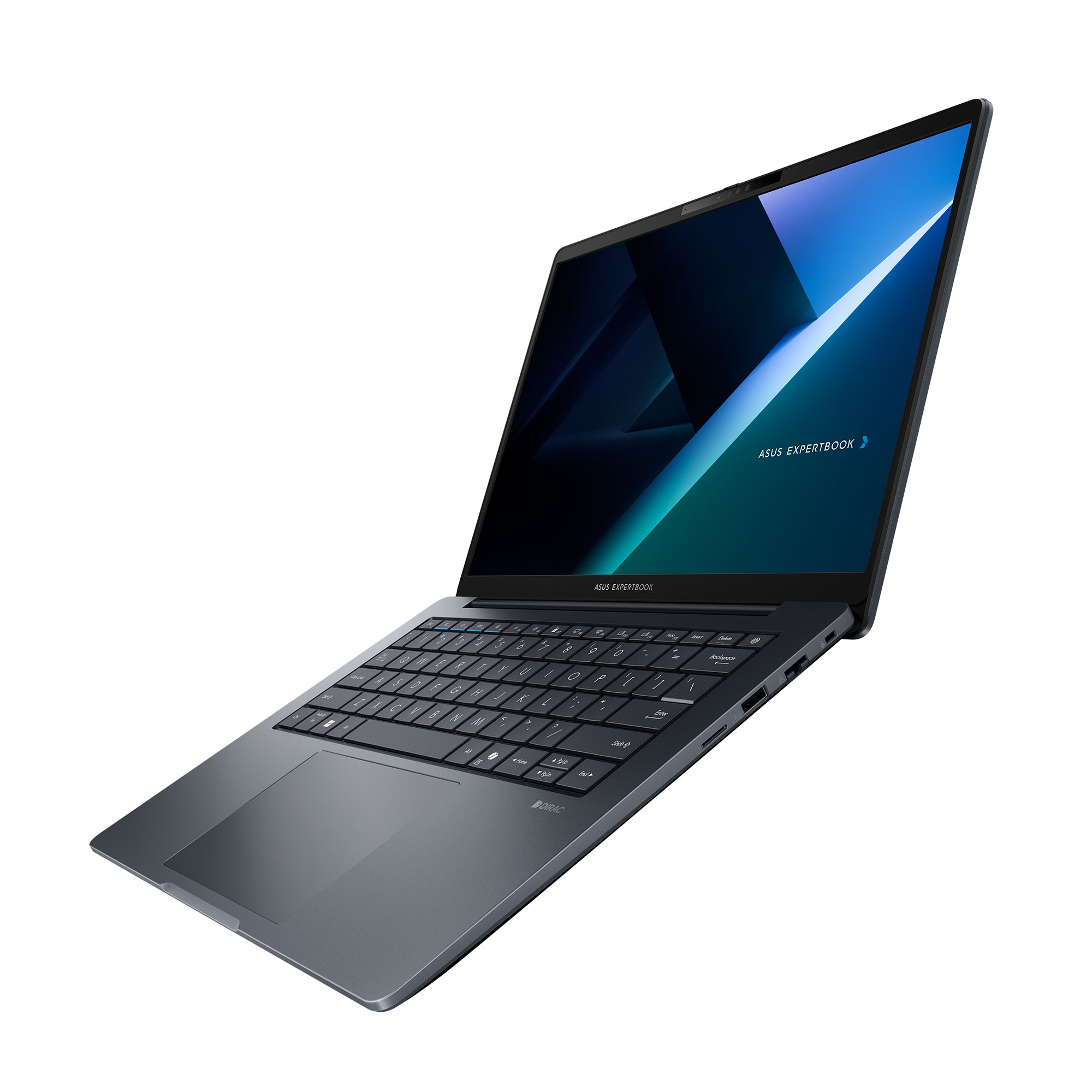 Un ordenador portátil ASUS ExpertBook gris oscuro abierto sobre fondo blanco.