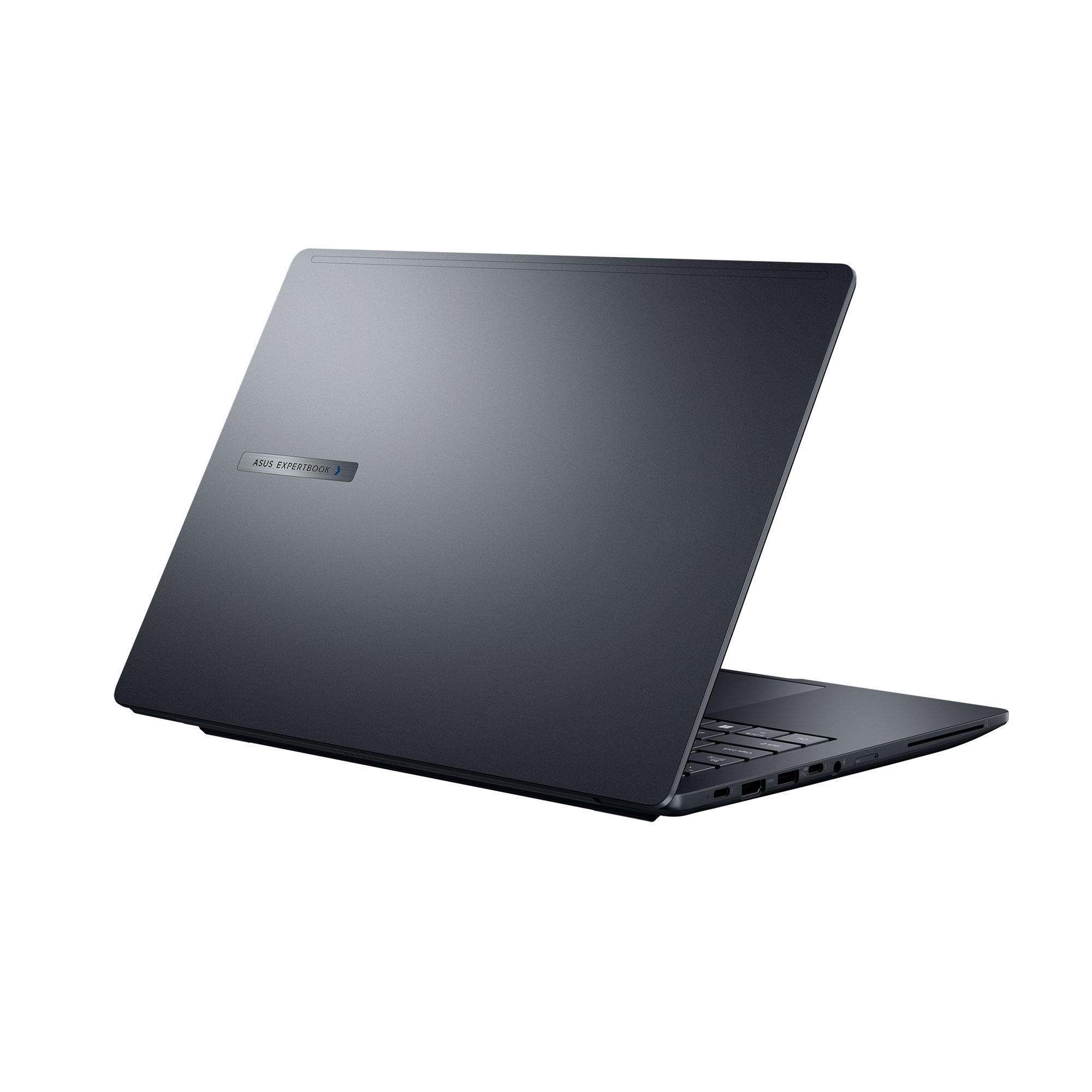 Una laptop Asus ExpertBook gris vista desde atrás sobre un fondo blanco.