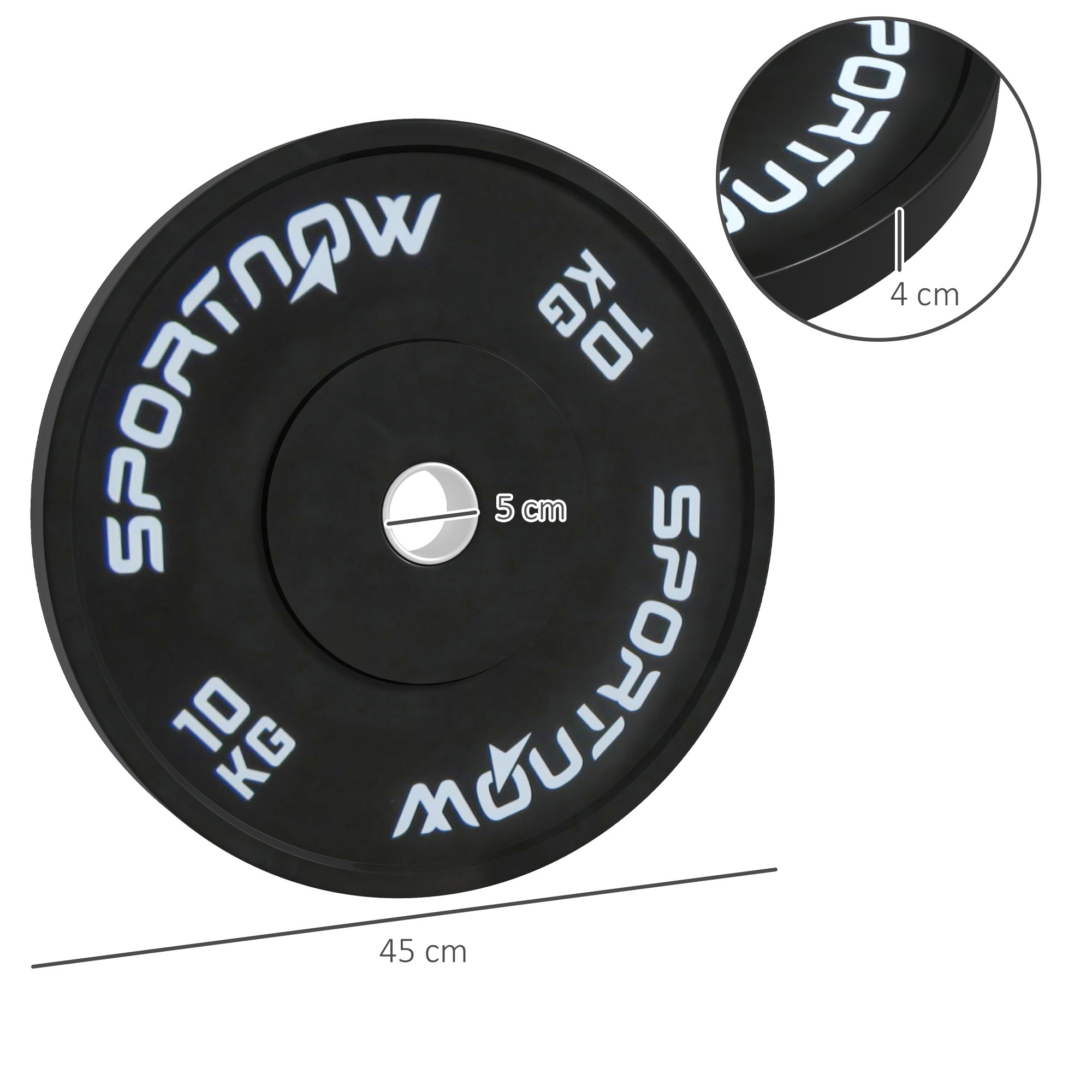 Disco de pesas negro de 10 kg con 45 cm de diámetro, orificio de 5 cm y 4 cm de grosor.