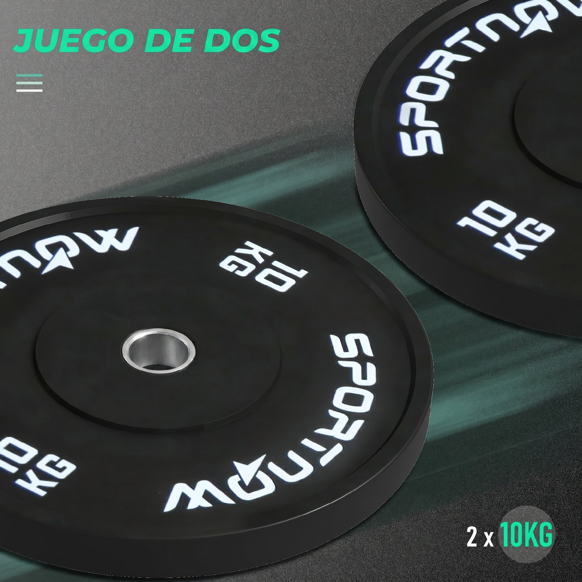 Dos discos de pesas negros de 10 kg con texto blanco sobre un fondo oscuro texturizado.
