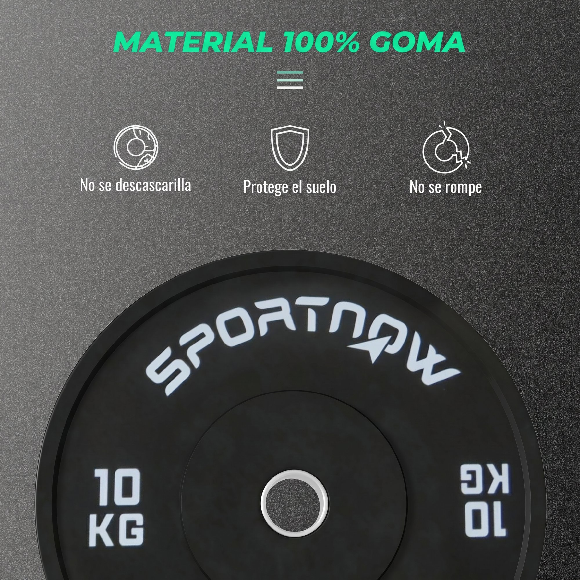 Un disco de pesas negro de goma Sportnow de 10 kg con iconos y texto sobre fondo gris.