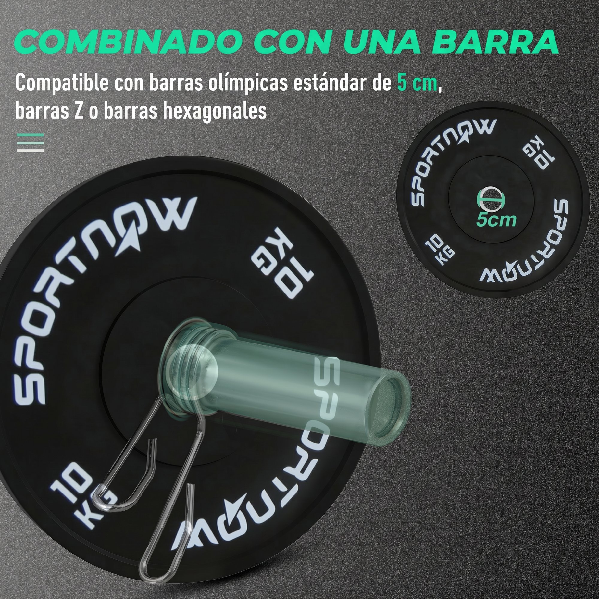 Dos discos de peso SPORTNOW negros de 10 kg con agujero de 5 cm sobre fondo texturizado.