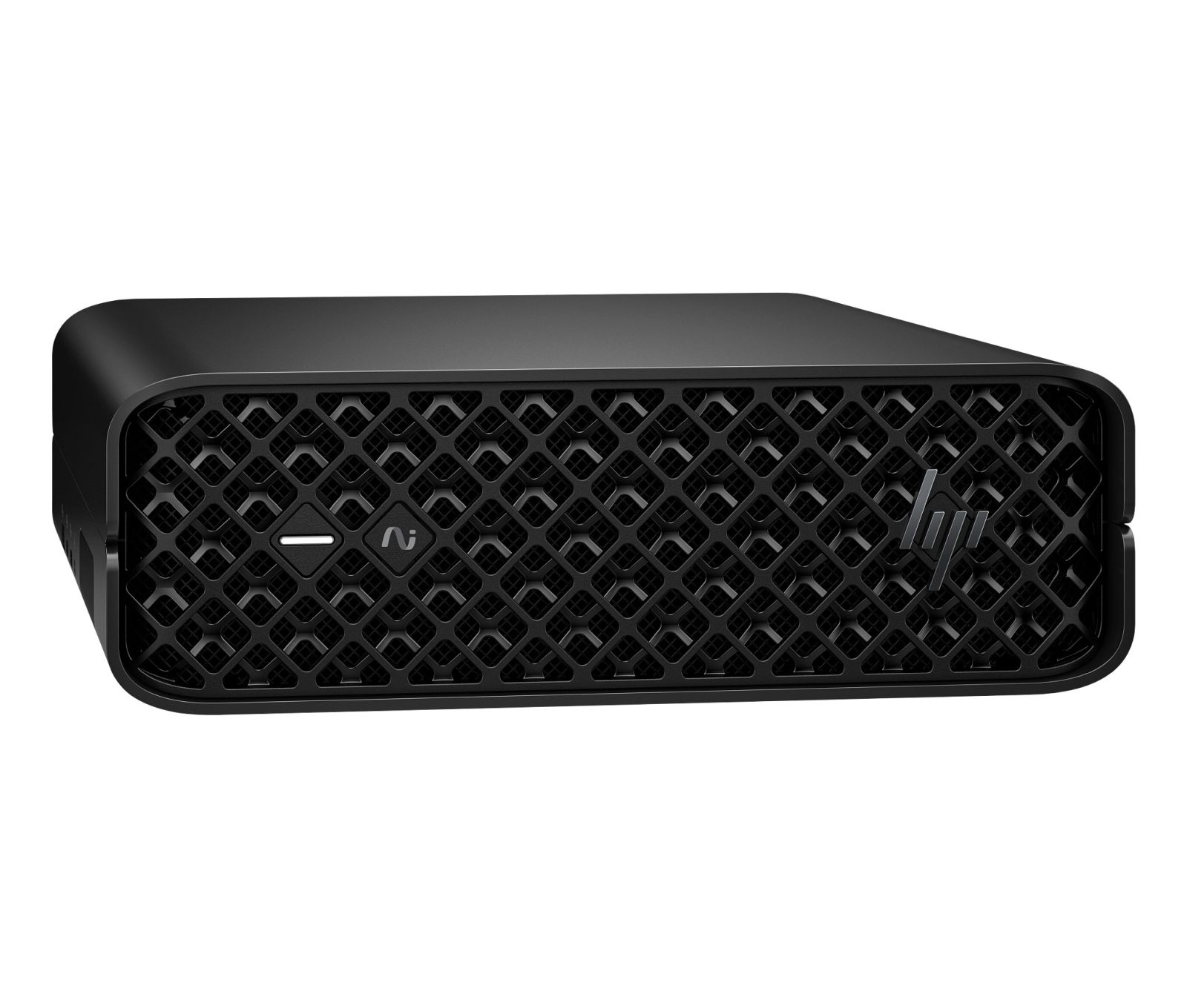 Mini PC nero con griglia di ventilazione a rombi, pulsante di accensione e logo HP.