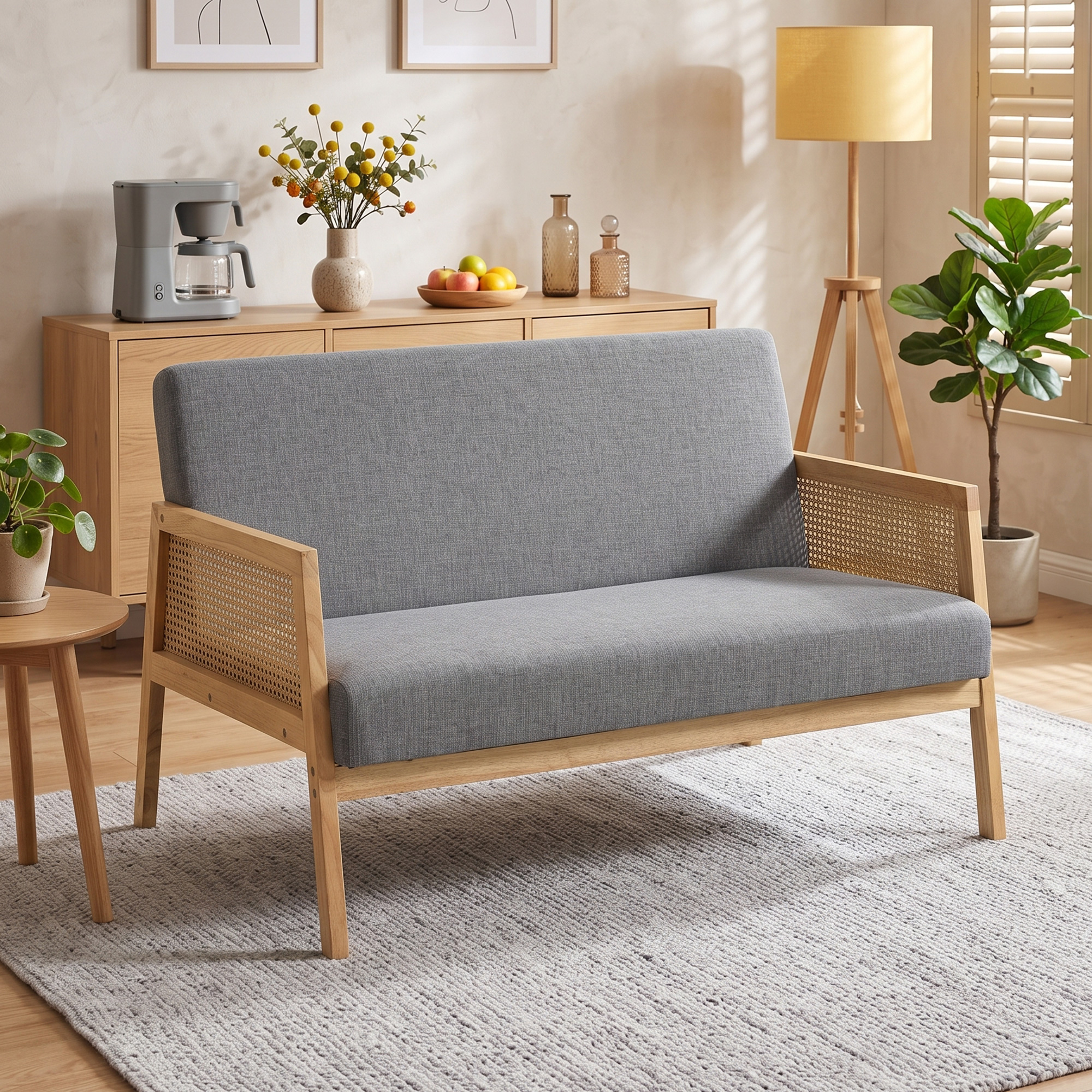 Sofá gris con estructura de madera y rejilla en una sala luminosa con alfombra y plantas.