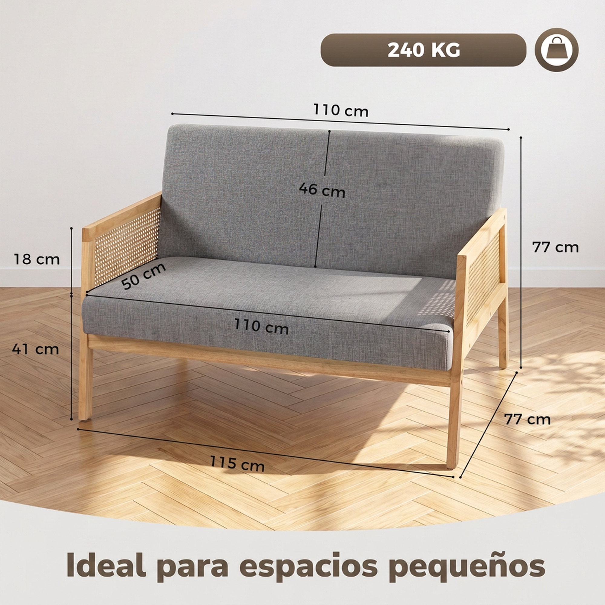 Sofá gris de dos plazas con estructura de madera y medidas.