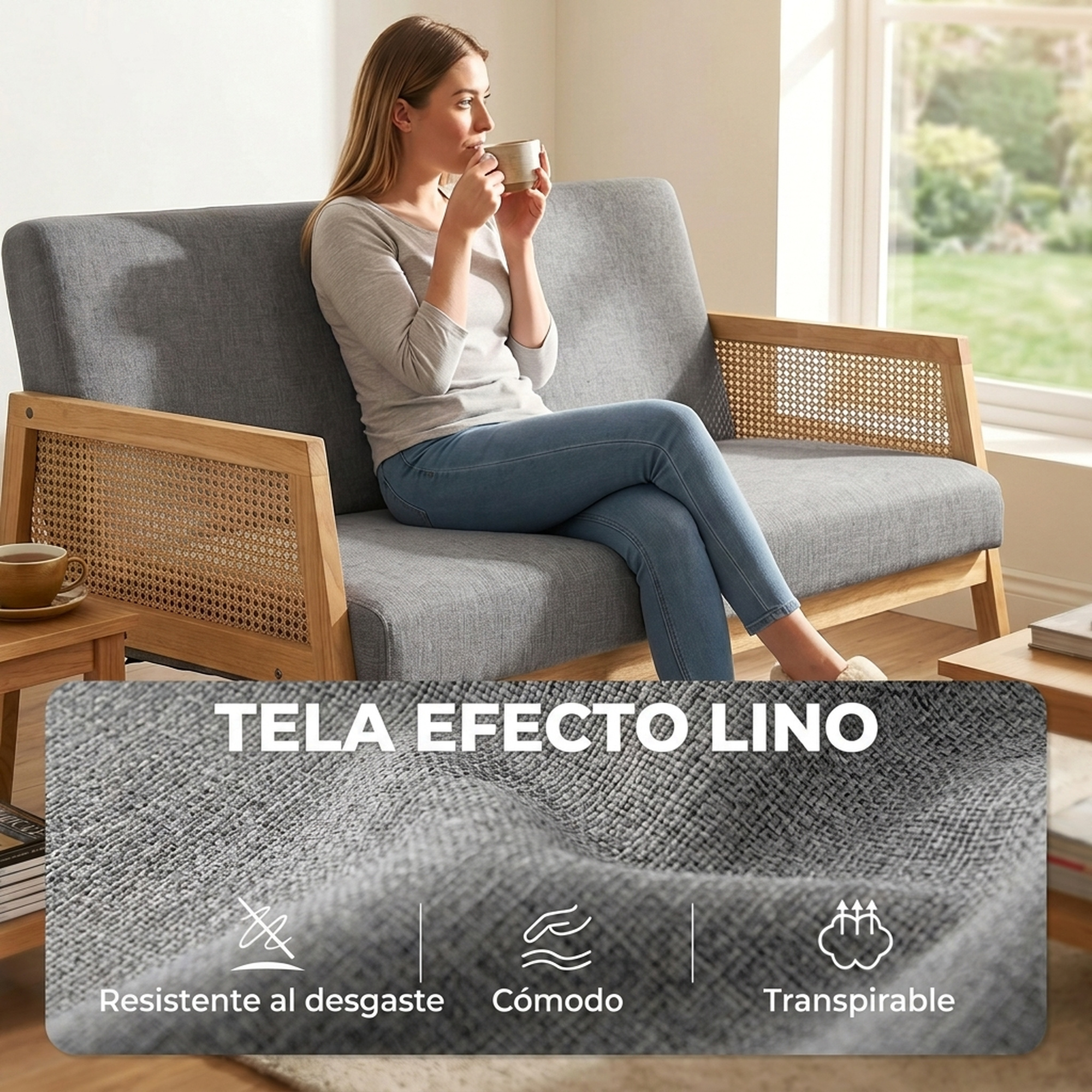 Mujer con taza en sofá gris de madera, con primer plano de tela efecto lino.