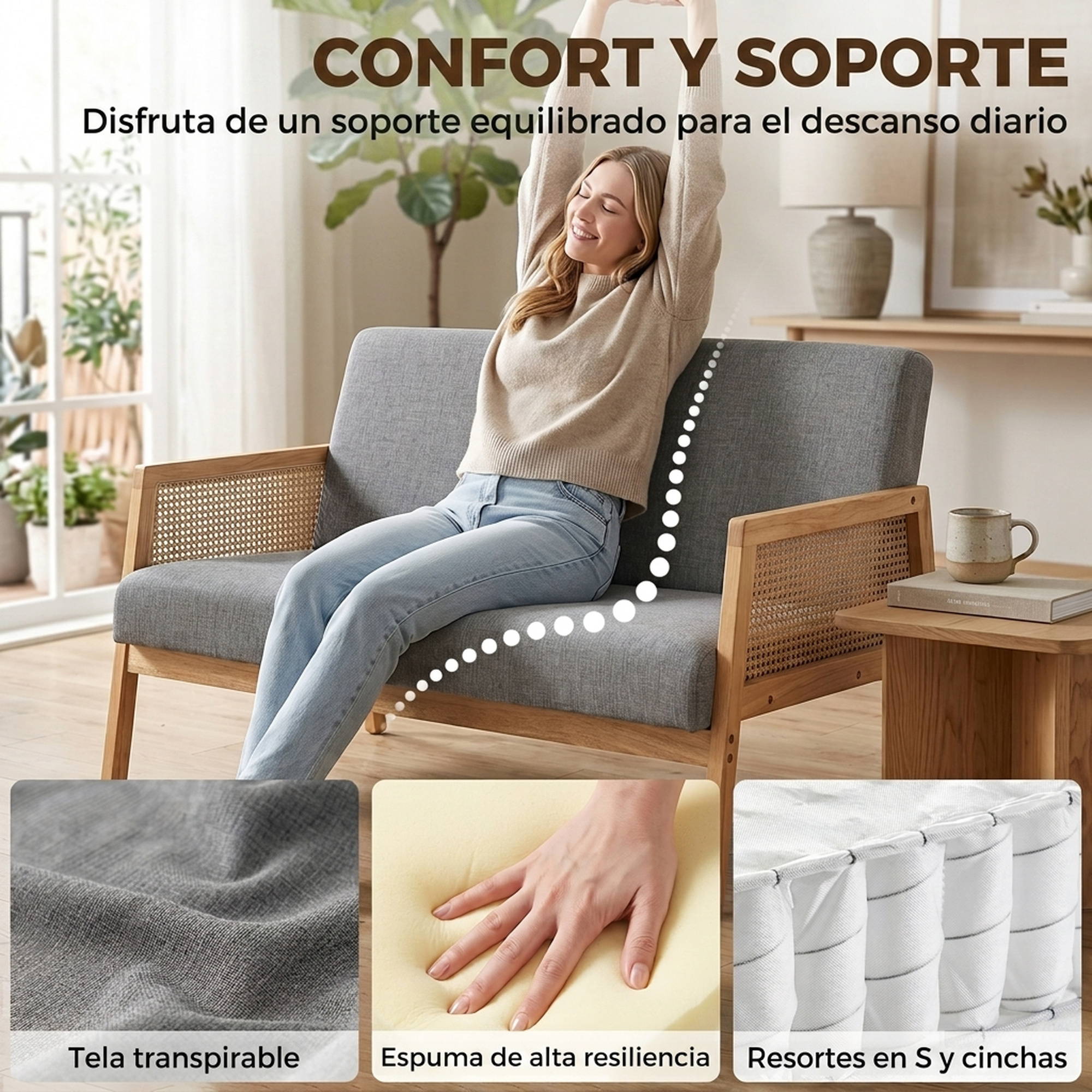 Una mujer se estira en un sofá gris con estructura de madera. Abajo, detalles de tela, espuma y resortes.