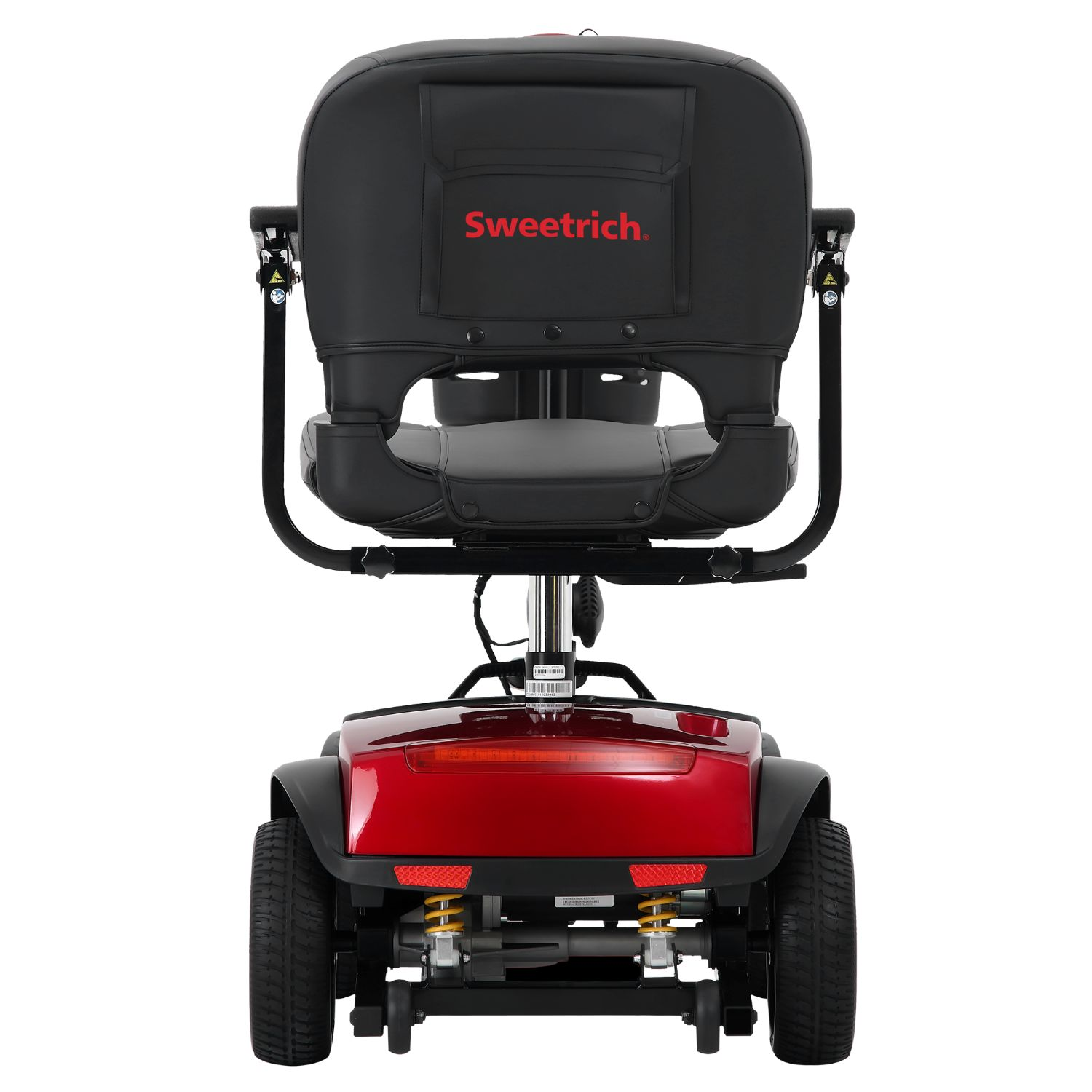 Vista trasera de un scooter de movilidad Sweetrich rojo con asiento negro sobre fondo blanco.