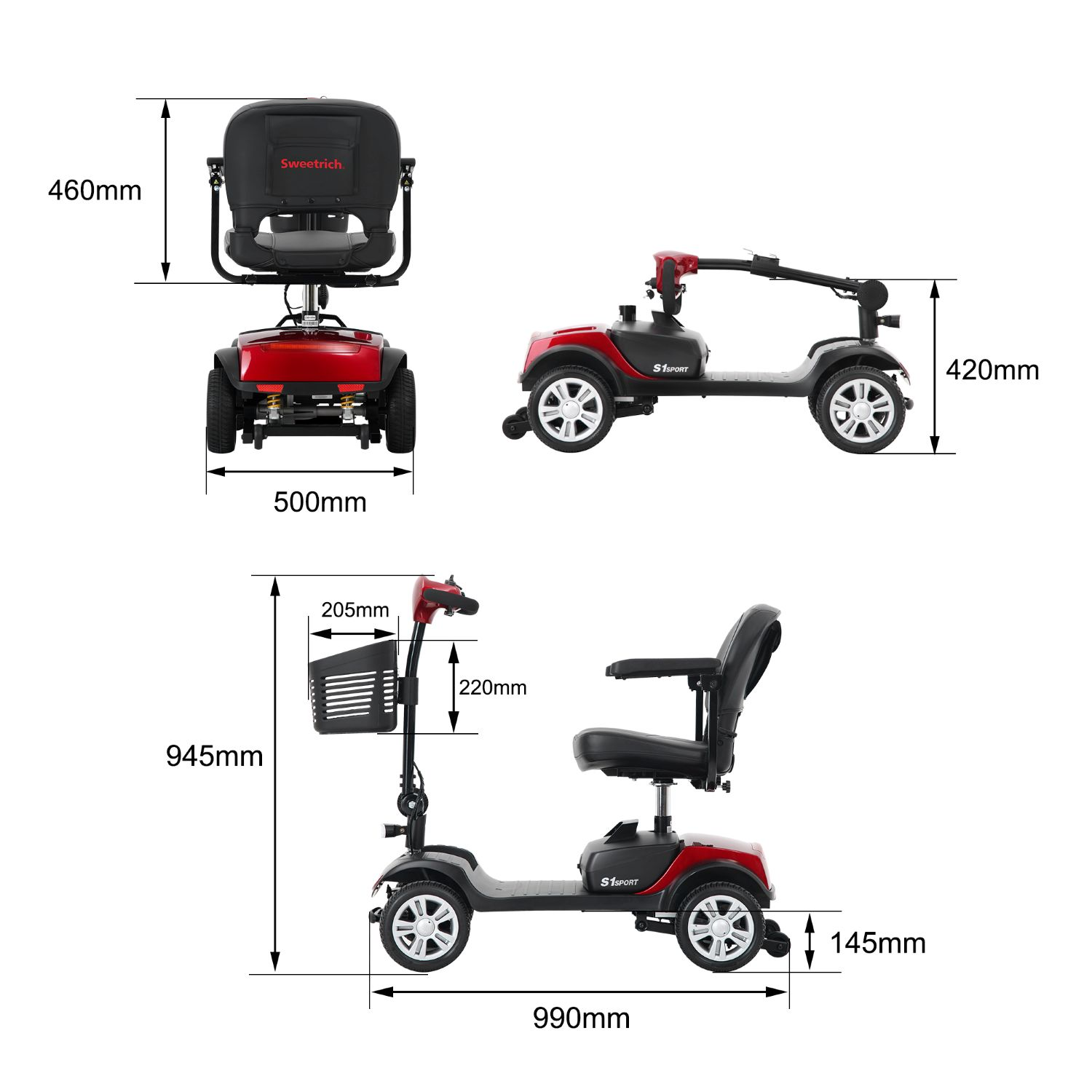 Dibujo técnico de un scooter de movilidad rojo y negro con dimensiones en milímetros desde múltiples ángulos.