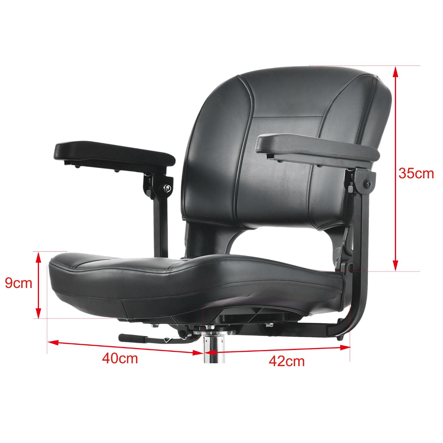 Silla de oficina negra con líneas de dimensión rojas que muestran medidas del asiento y respaldo.