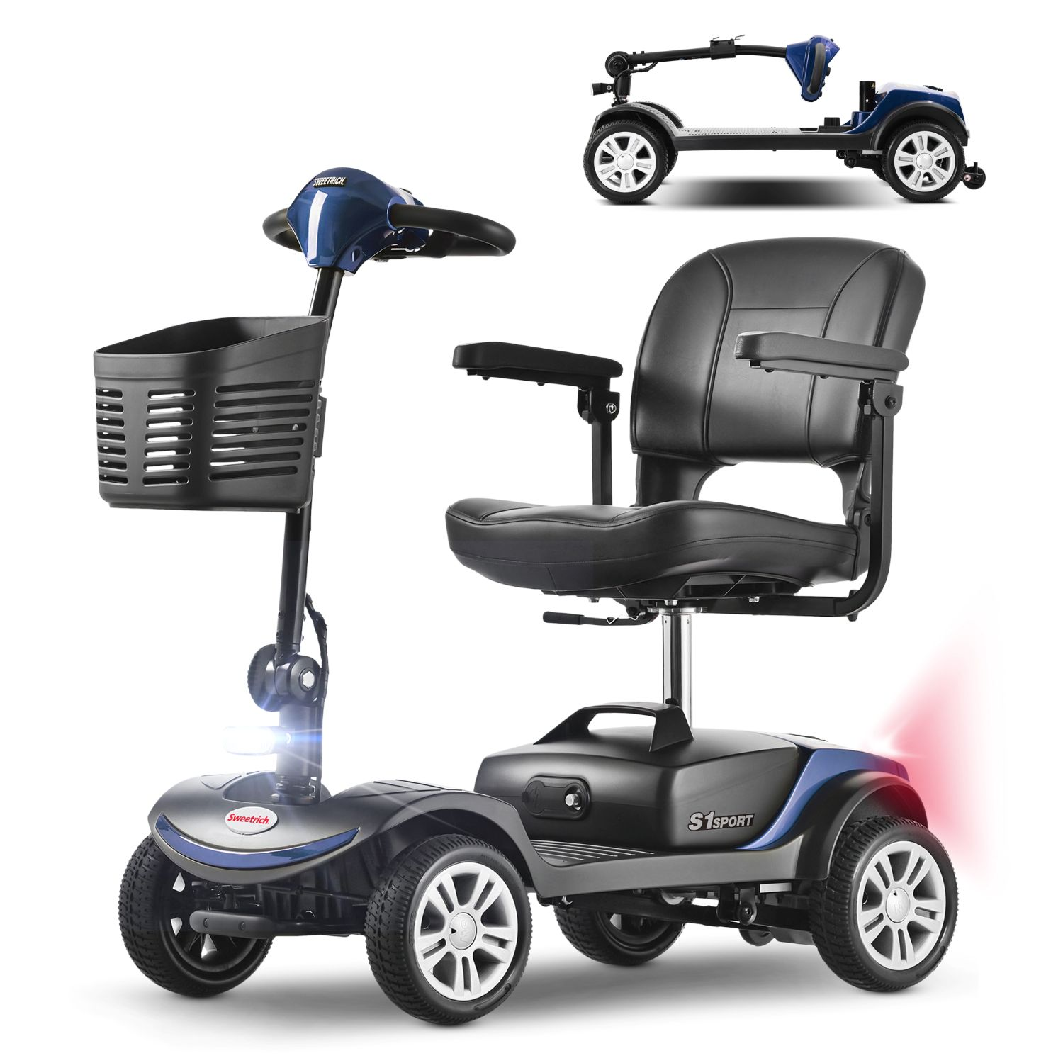 Un scooter de movilidad azul y negro con canasta y asiento cómodo, mostrado plegado en la parte superior.