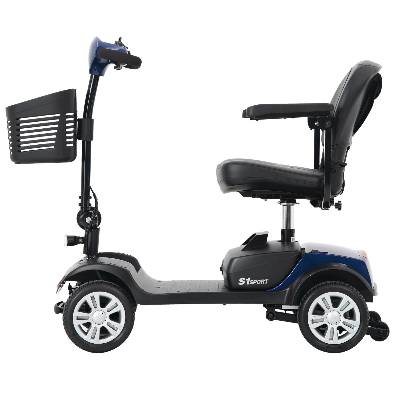 Vista lateral de un scooter de movilidad azul y negro con canasta delantera y cuatro ruedas sobre fondo blanco.