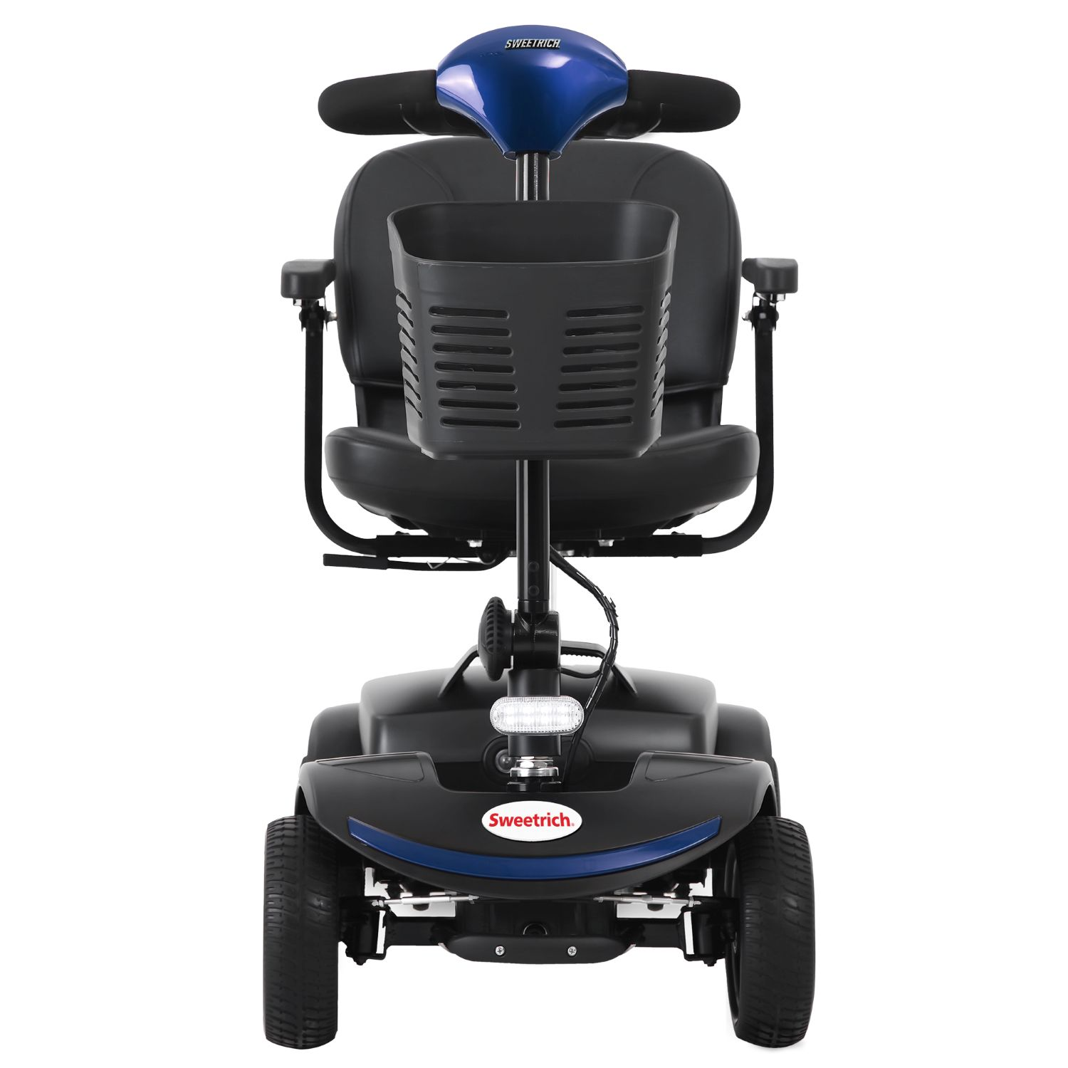 Un scooter de movilidad Sweetrich azul y negro con una cesta delantera y cuatro ruedas, sobre fondo blanco.