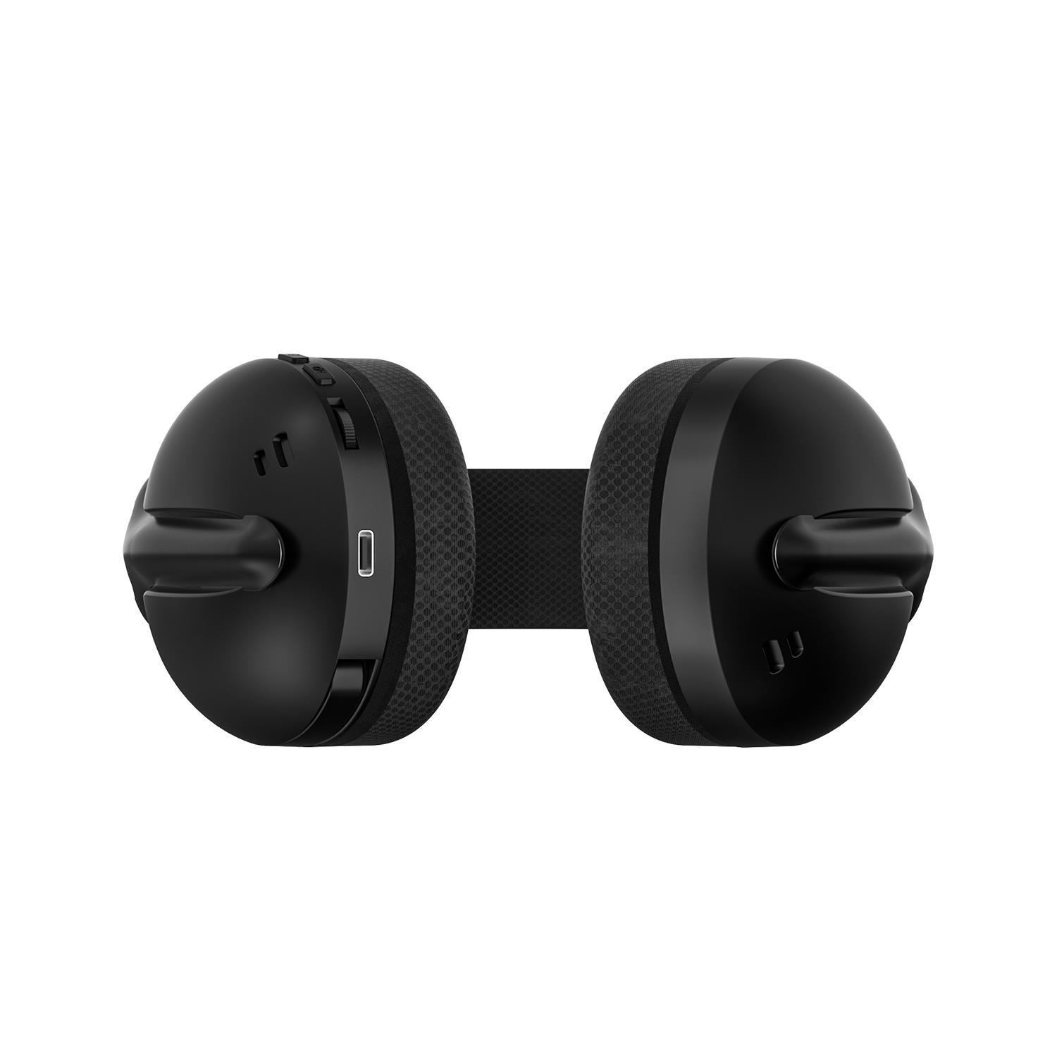 Czarne gogle VR na białym tle z portem USB-C i przyciskami.