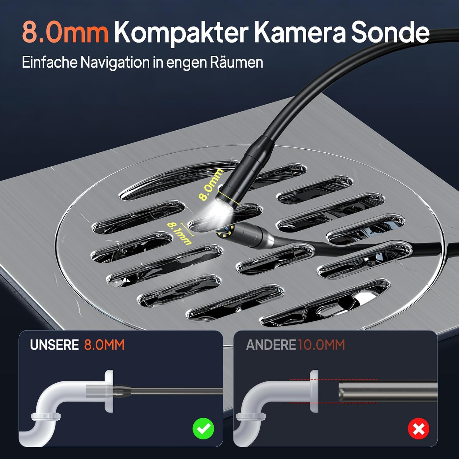 Produktvergleich einer 8.0mm Kamerasonde und einer 10.0mm Sonde in einem Abflussgitter.