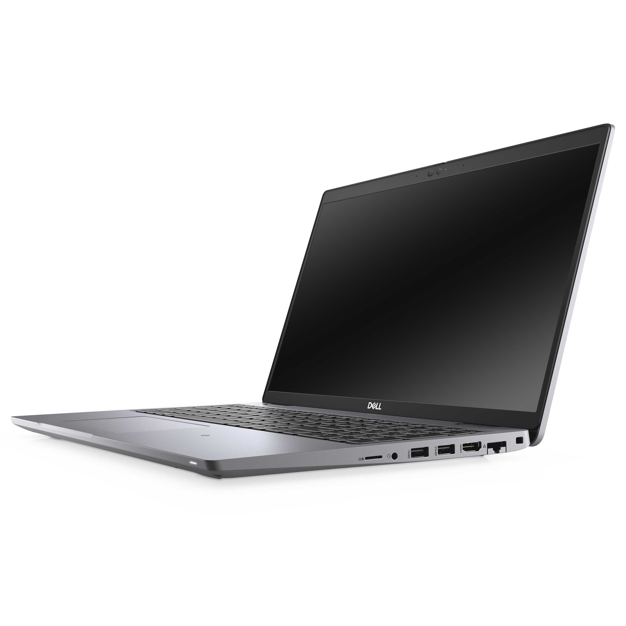 Ein grauer Dell-Laptop auf einer weissen Oberfläche, die rechte Seite zeigt Ports wie USB und HDMI.