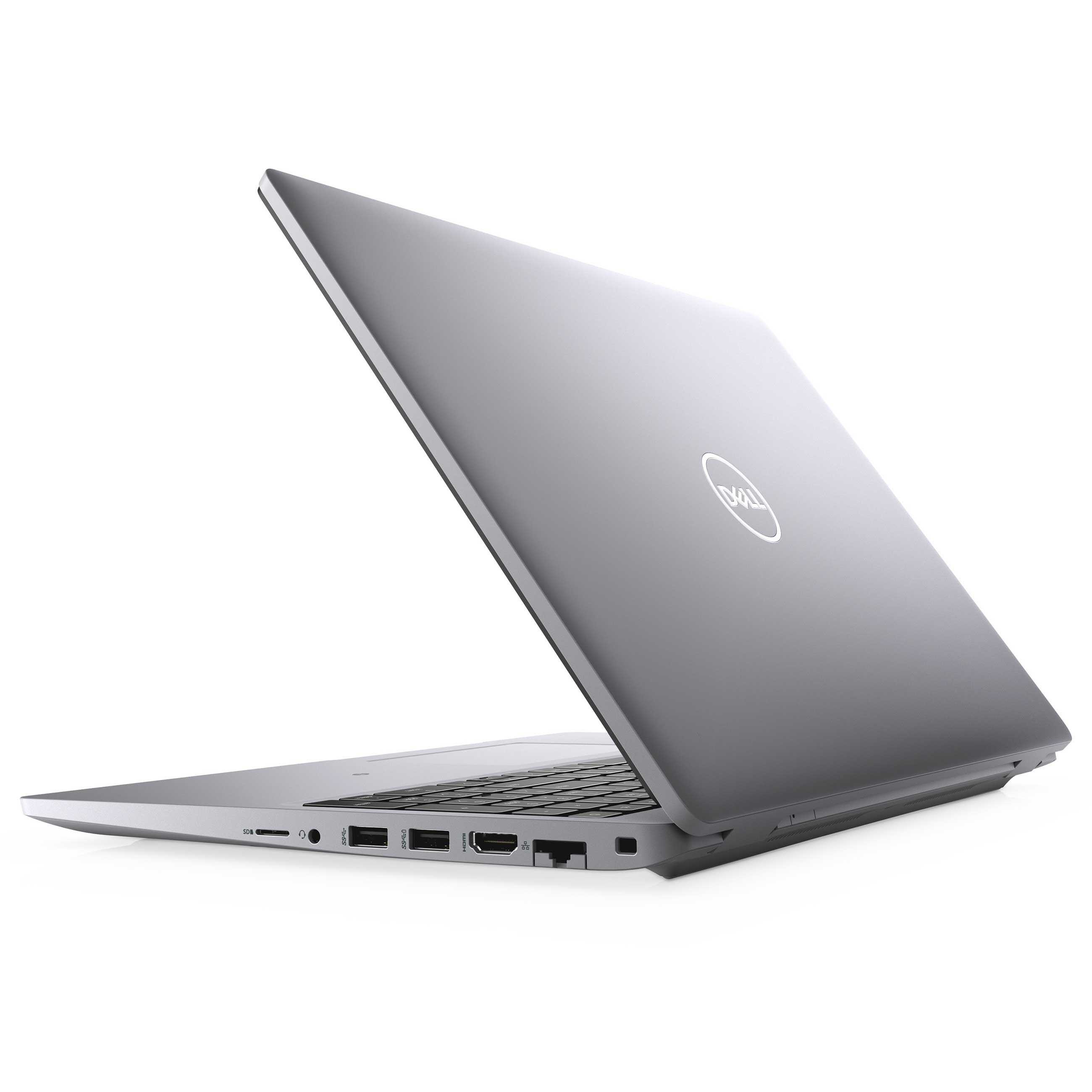 Ein silberner Dell Laptop von der Seite und hinten mit Anschlüssen, Tastatur und Logo auf weißem Grund.