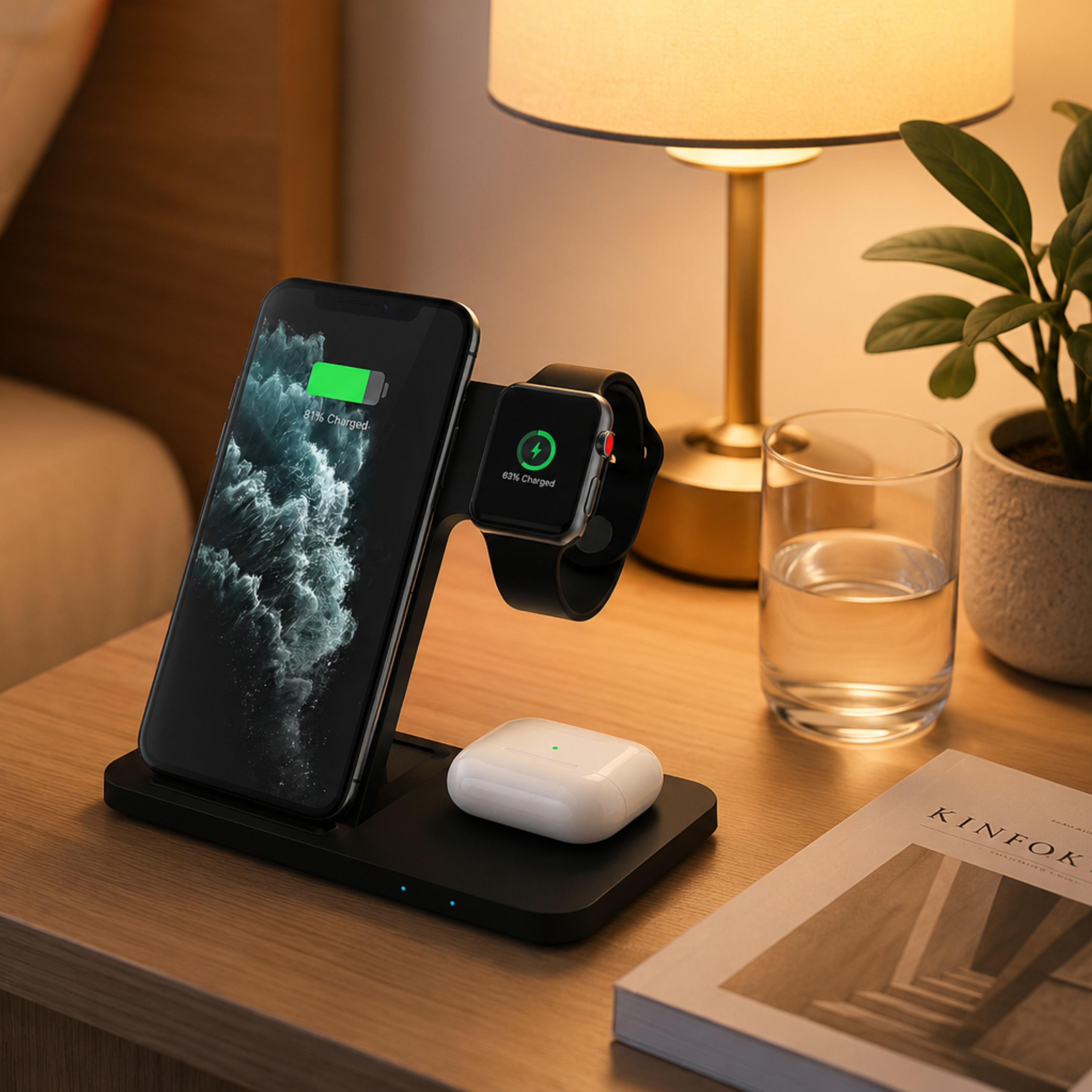 Schwarze Ladestation auf Nachttisch lädt Smartphone, Smartwatch und Ohrhörer neben Lampe und Pflanze.