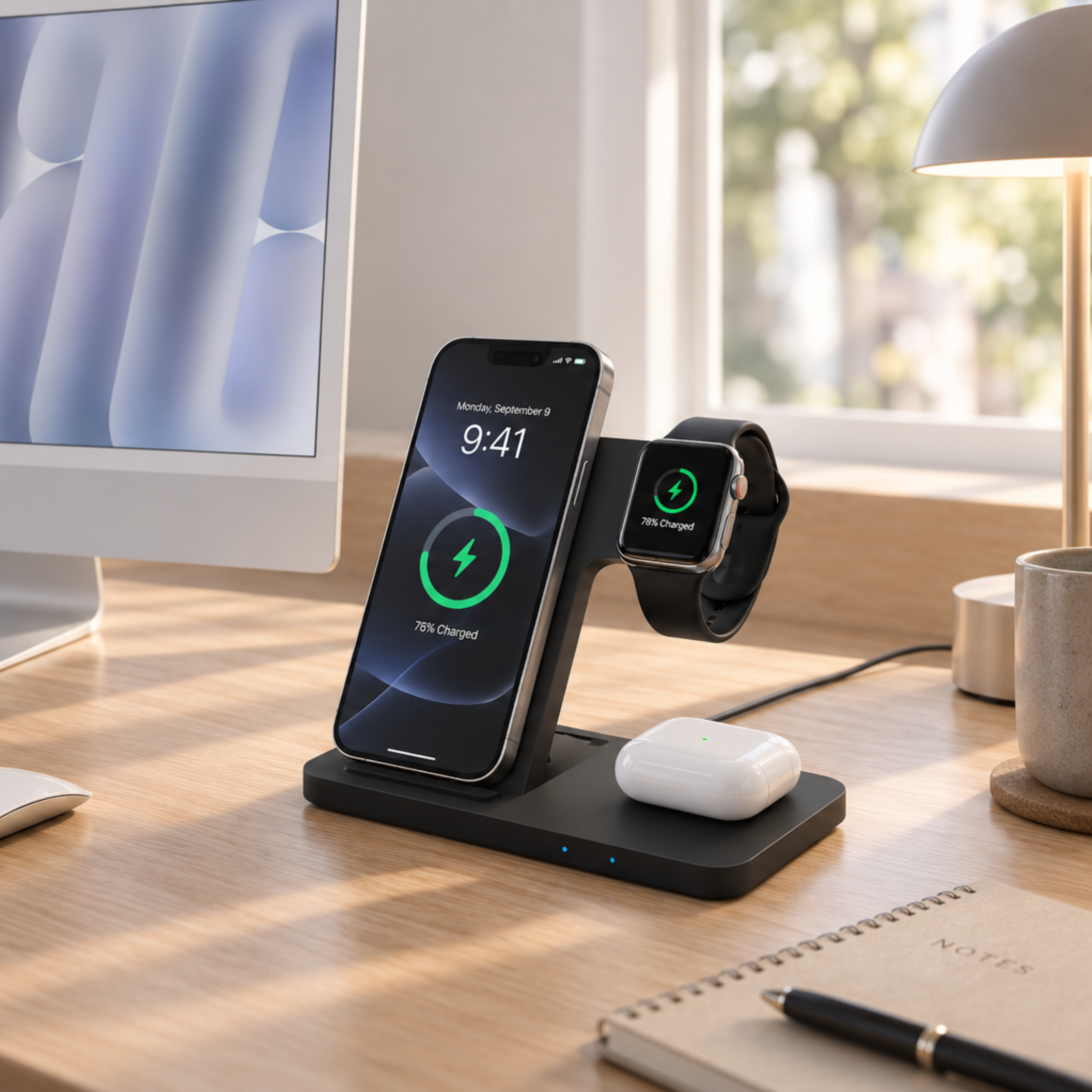 Eine schwarze 3-in-1-Wireless-Ladestation lädt Smartphone, Smartwatch und Ohrhörer auf einem Holztisch.